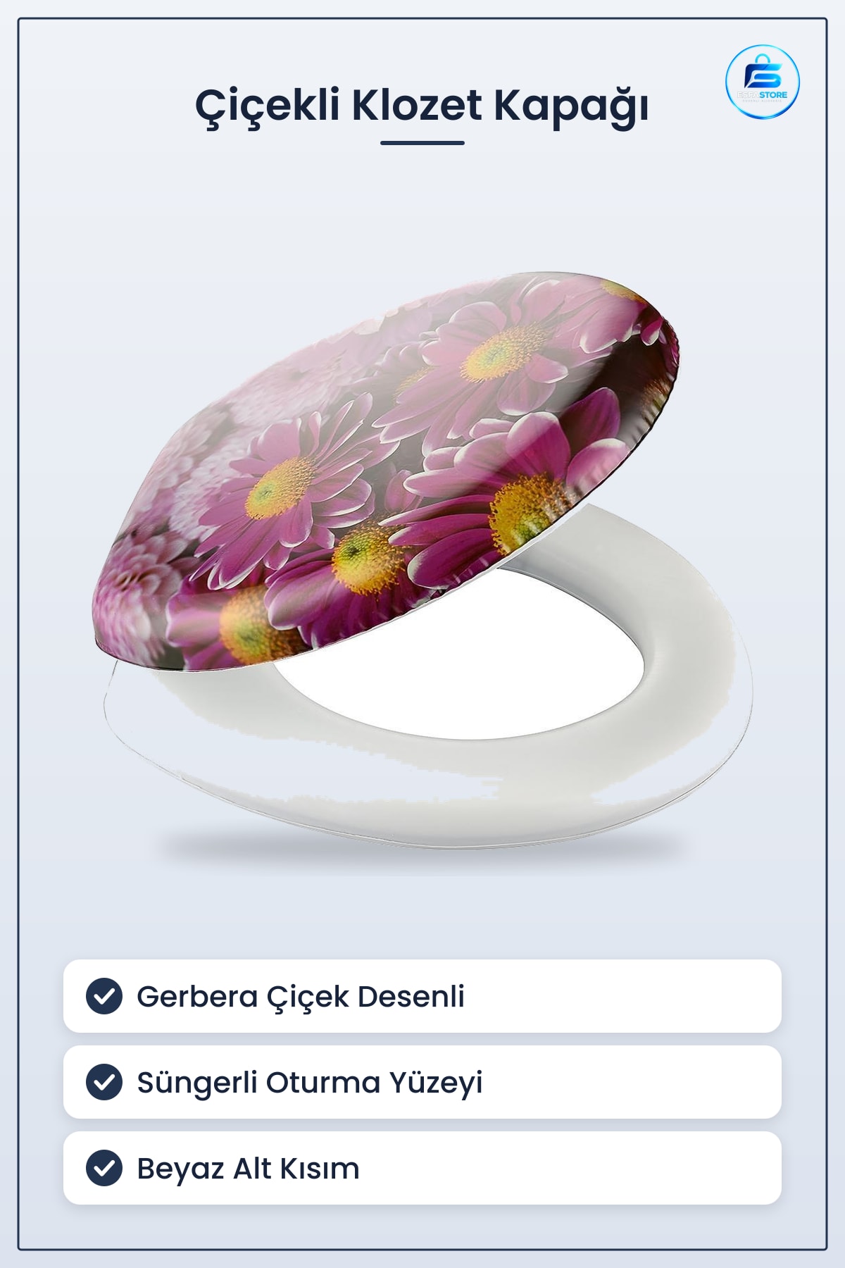 Çiçekli Klozet Kapağı Süngerli Ekstra Yumuşak Tuvalet Oturağı Pembe Gerbera Desenli Wc