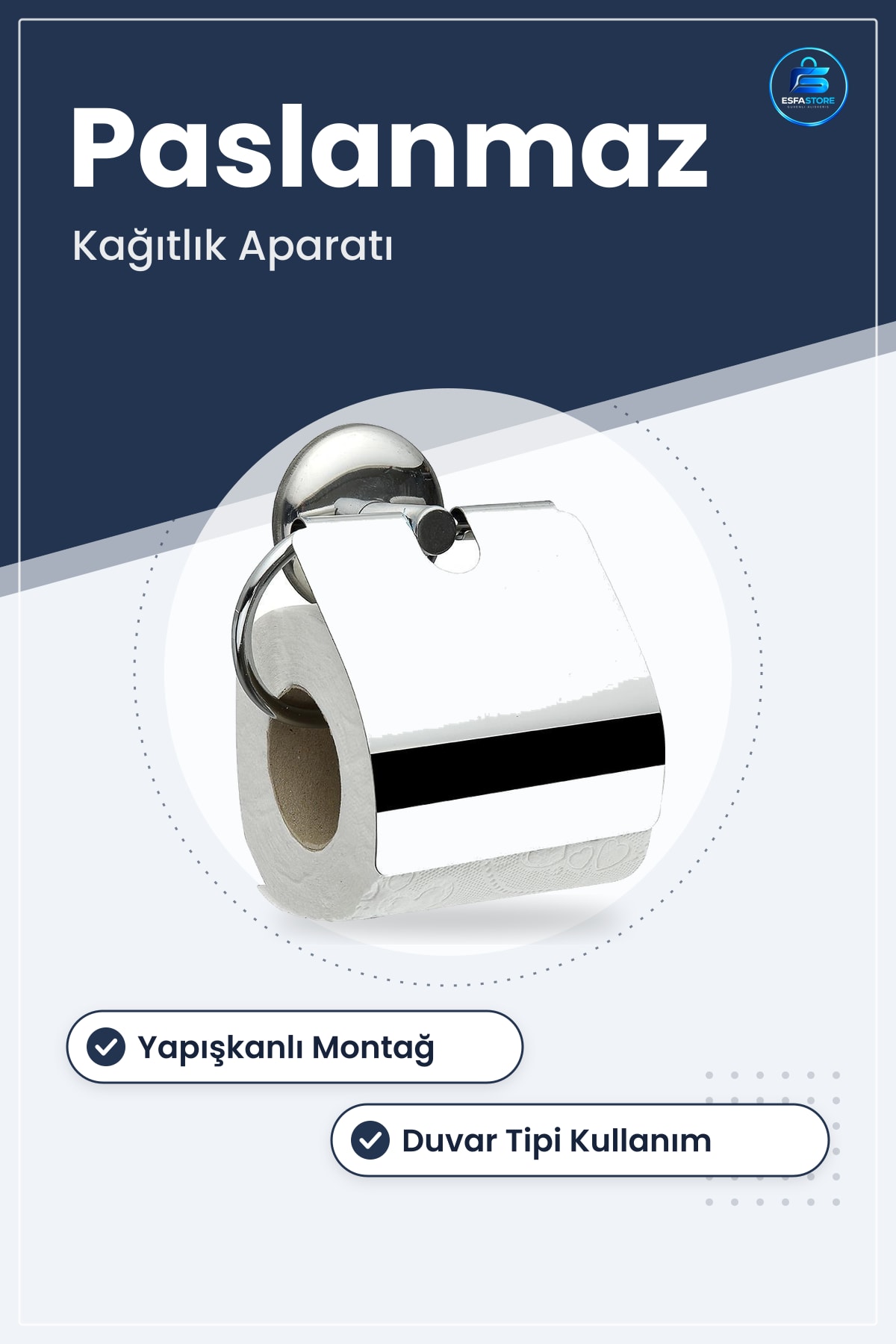Paslanmaz Metal Kapaklı Gümüş Yapışkanlı Wc Tuvalet Kağıdı Standı Kağıtlık Aparatı Duvar Tipi