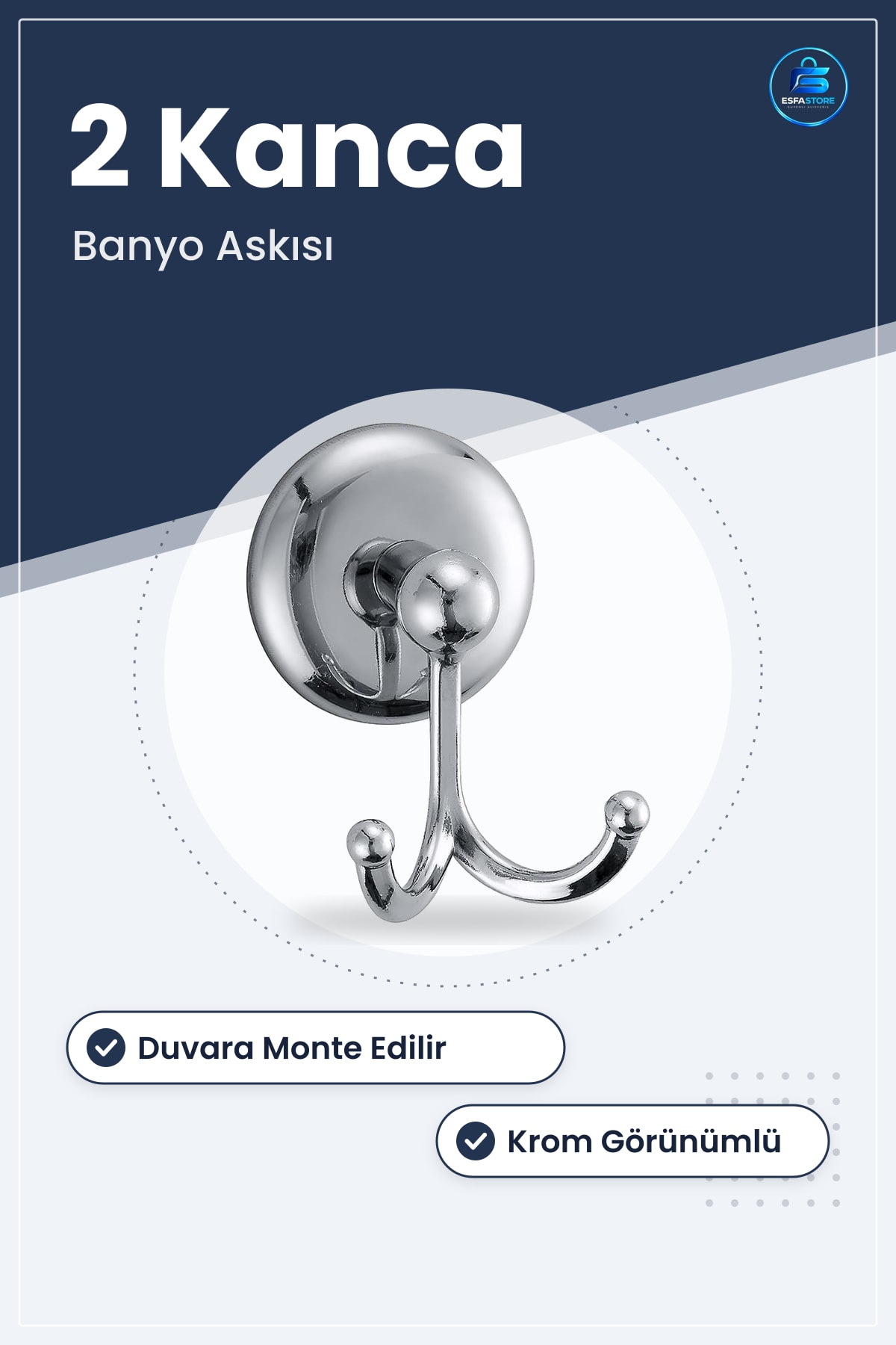Bornoz Askısı 2'li Banyo Boy Havlusu Askılığı 2 Kancalı Krom Dekoratif Duvar Tipi Bornozluk