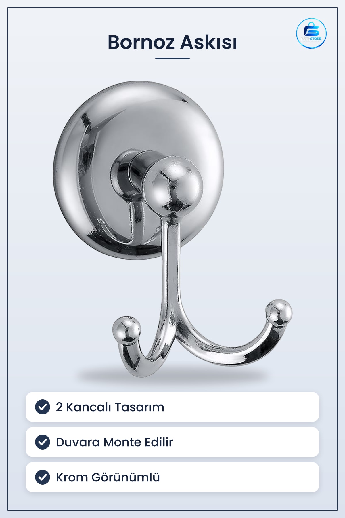 Bornoz Askısı 2'li Banyo Boy Havlusu Askılığı 2 Kancalı Krom Dekoratif Duvar Tipi Bornozluk