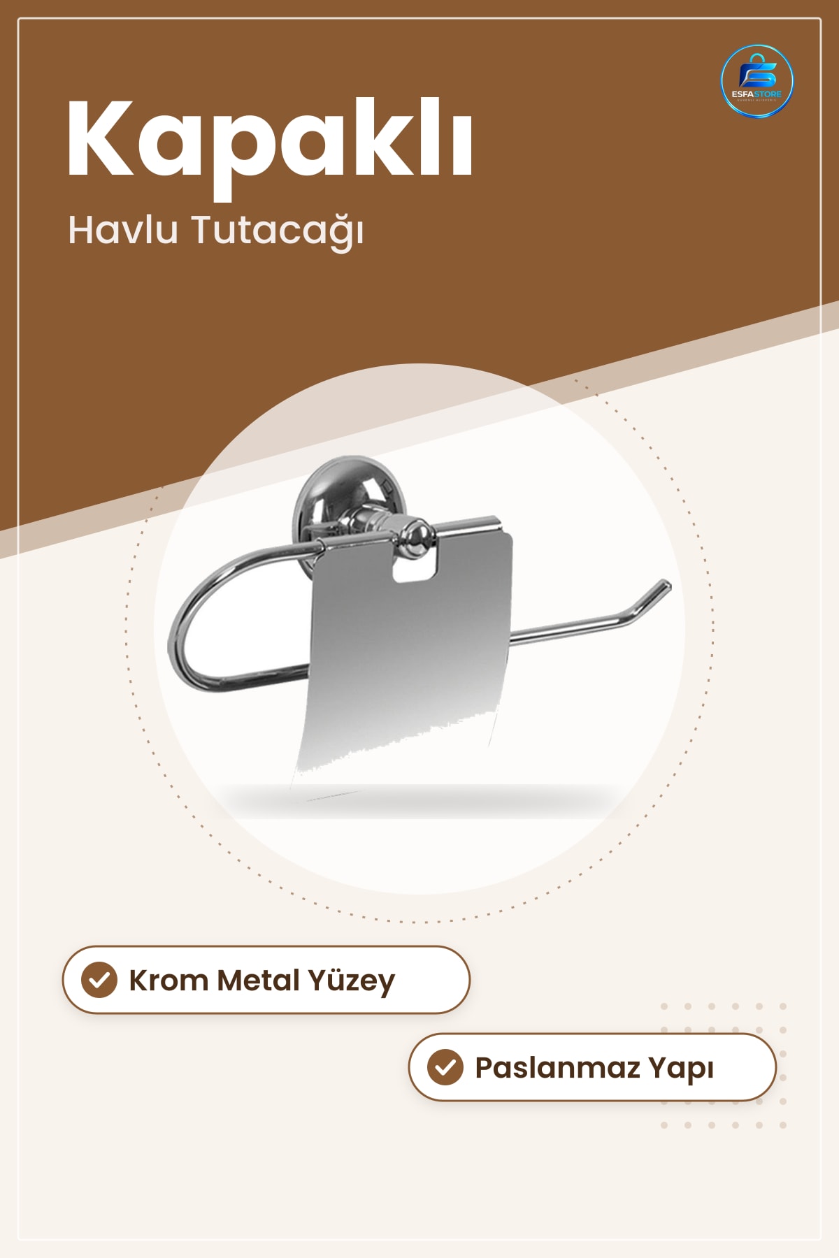 Kapaklı Rulo Kağıt Havlu Tutacağı Krom Metal Paslanmaz Dekoratif Banyo ve Tuvalet Aksesuarı
