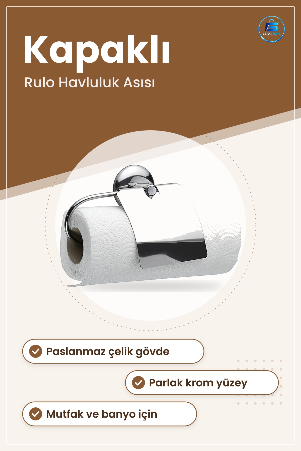 Dekoratif Kapaklı Paslanmaz Kağıt Havlu Tutacağı Rulo Havluluk Askısı Parlak Krom Aparat