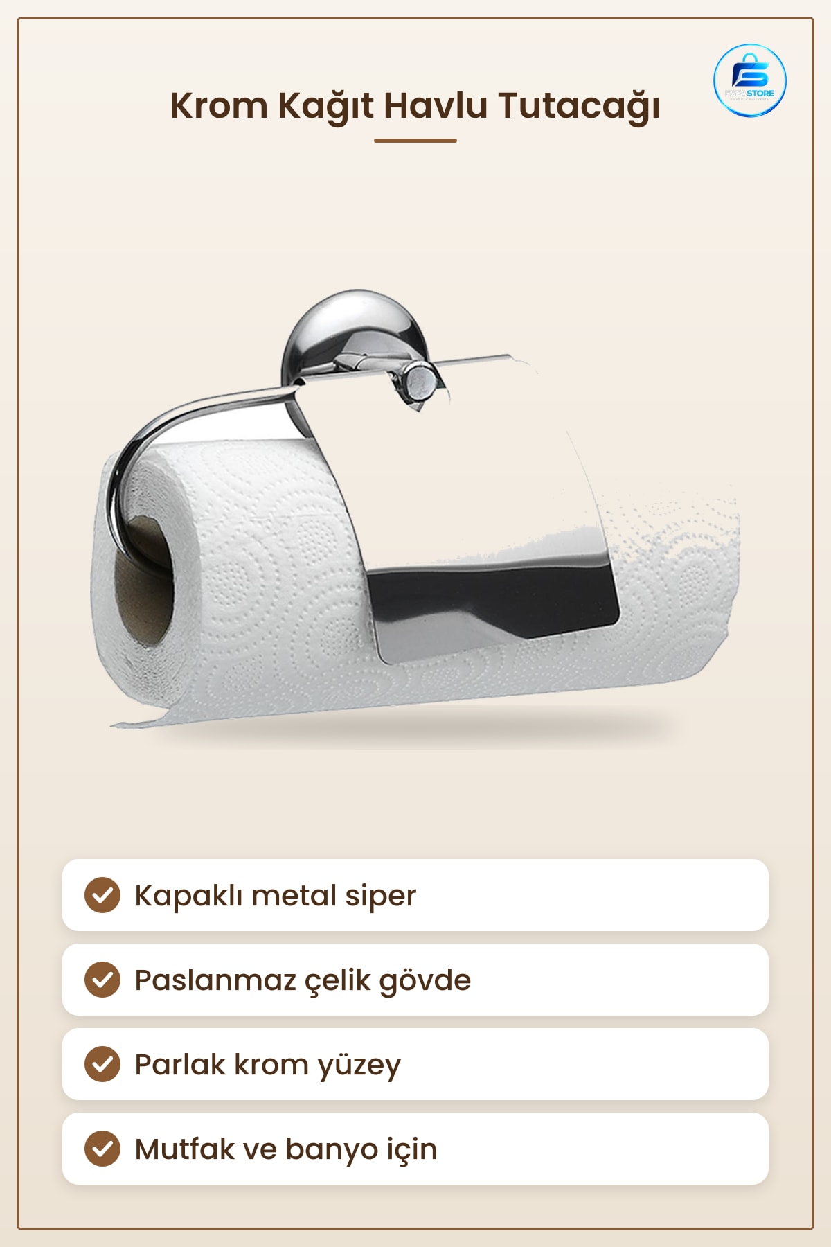 Dekoratif Kapaklı Paslanmaz Kağıt Havlu Tutacağı Rulo Havluluk Askısı Parlak Krom Aparat