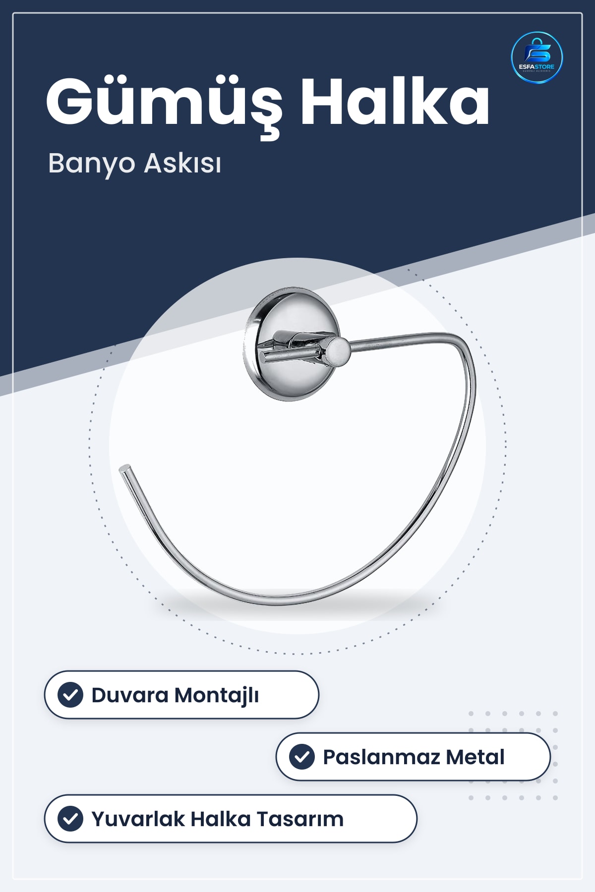 Havlu Tutacağı Paslanmaz Metal Dekoratif Banyo Askısı Gümüş Renk Halka Tasarım Duvara Montajlı