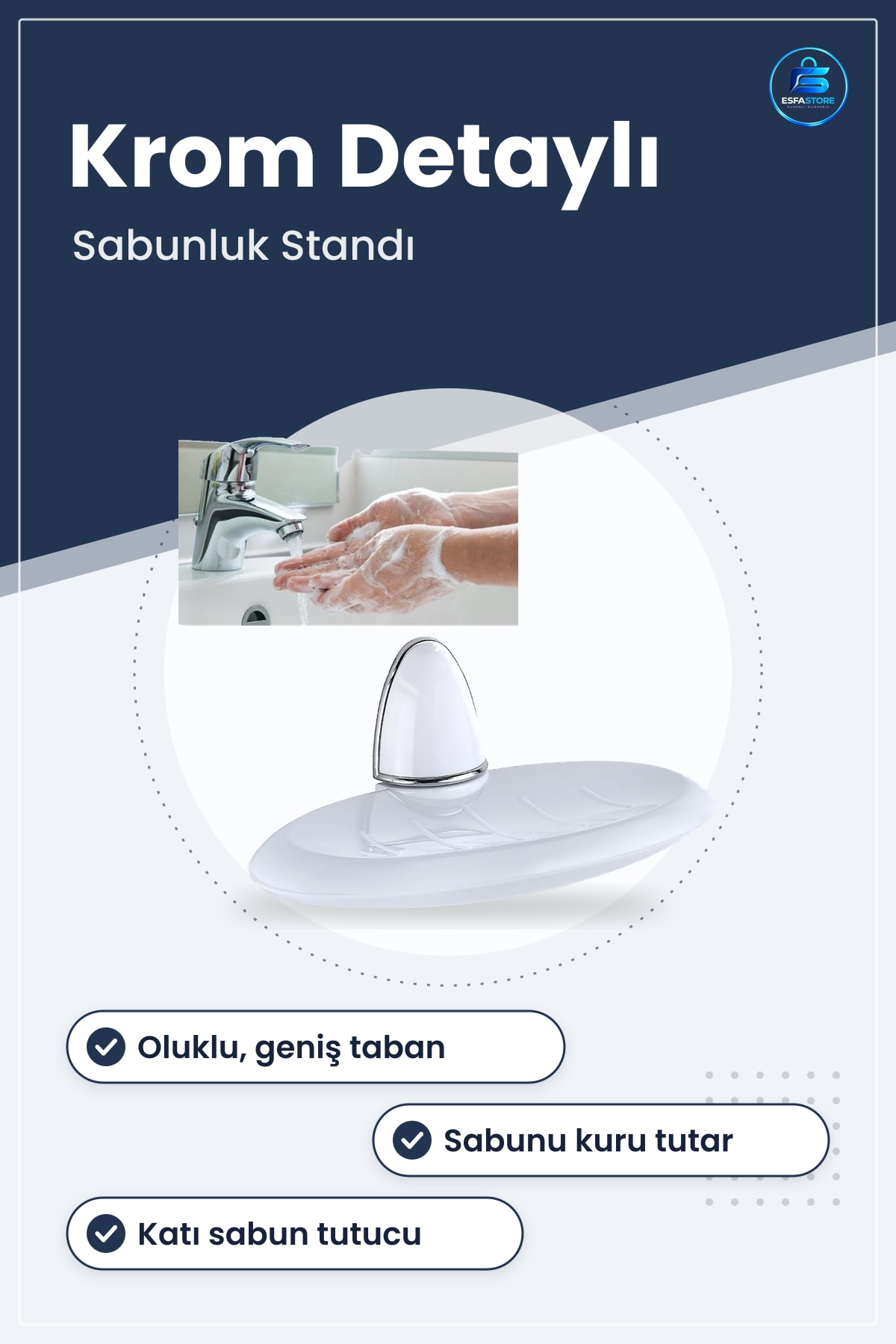 Beyaz Sabunluk Tutucu Stand Dekoratif Krom Detaylı Katı Sabun Tutacağı Raf Lüks Banyo Aksesuarı