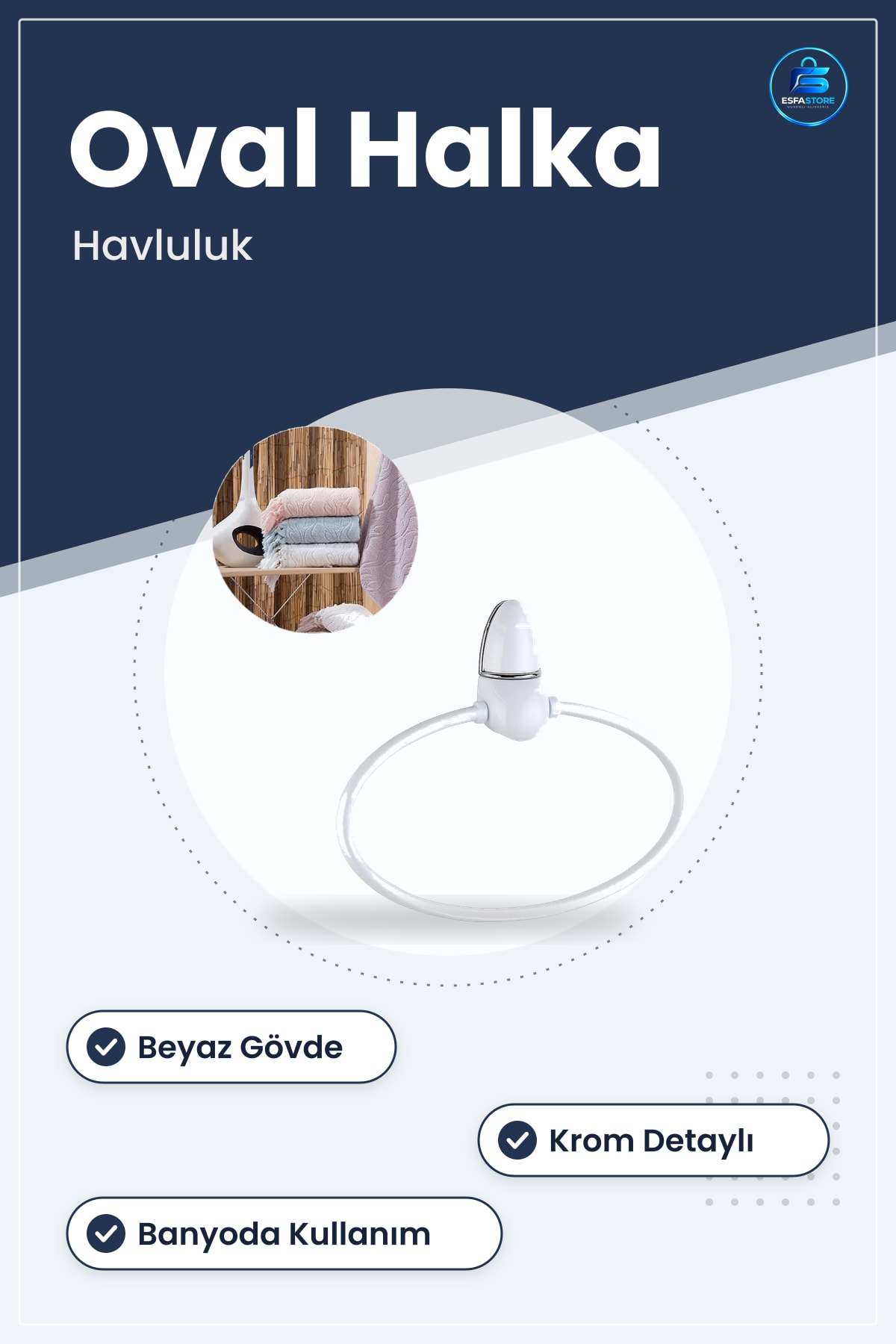 Oval Halka Havluluk El Havlusu Tutacağı Askısı Beyaz Dekoratif Banyo Aksesuarı Krom Detaylı
