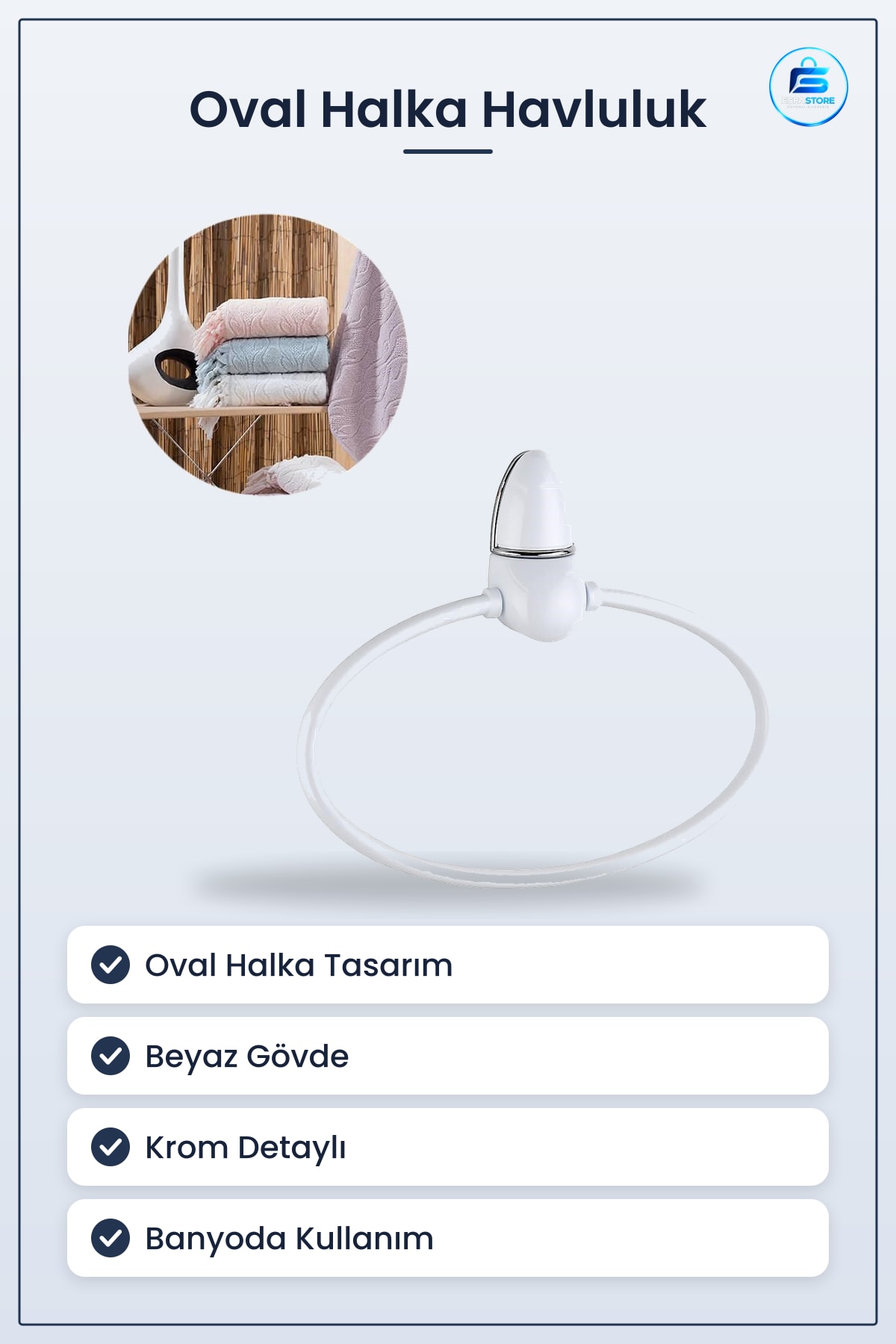 Oval Halka Havluluk El Havlusu Tutacağı Askısı Beyaz Dekoratif Banyo Aksesuarı Krom Detaylı