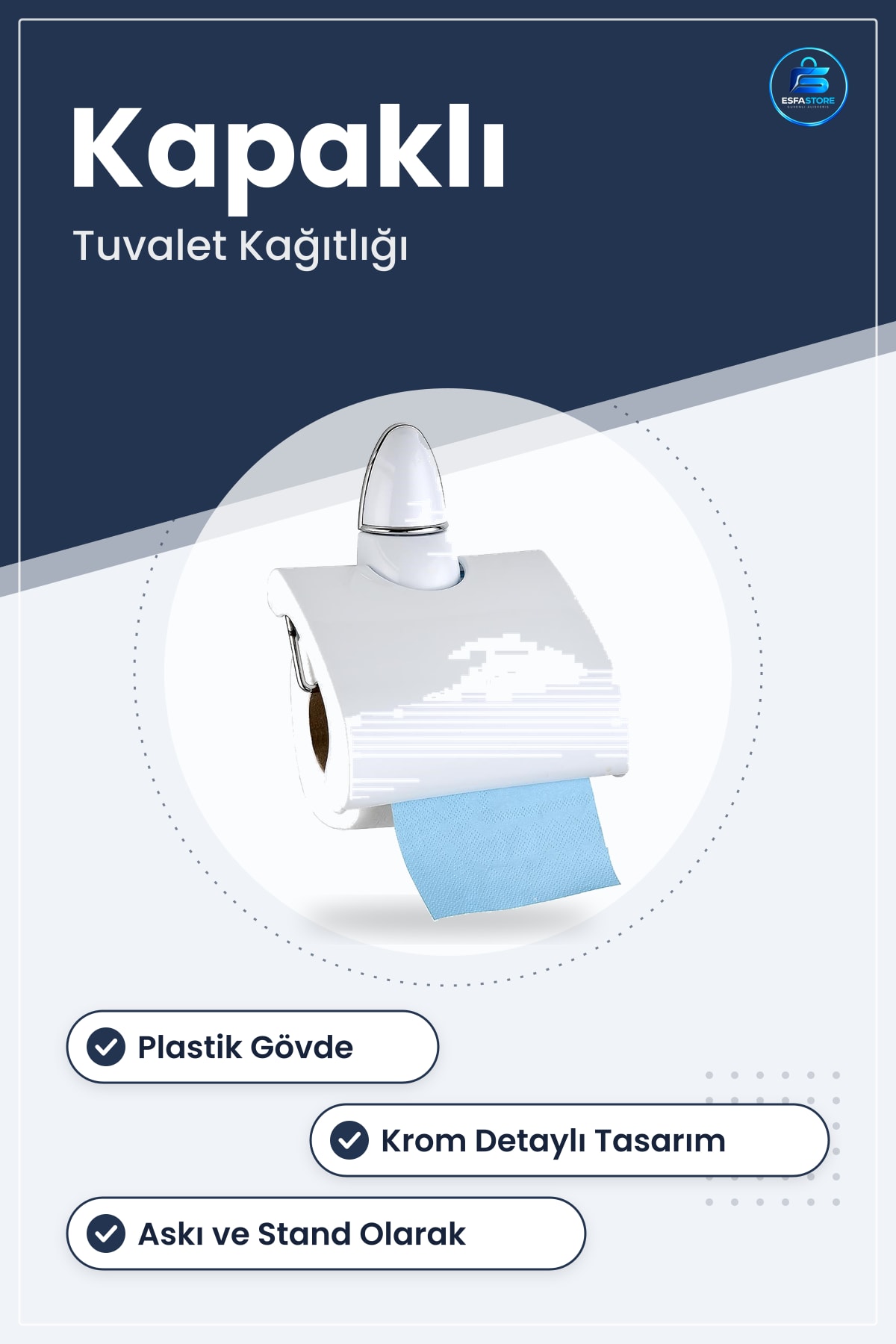 Kapaklı Rulo Tuvalet Kağıdı Tutucu Askisı Standı Wc Kağıtlık Plastik Beyaz Krom Banyo Aparatı