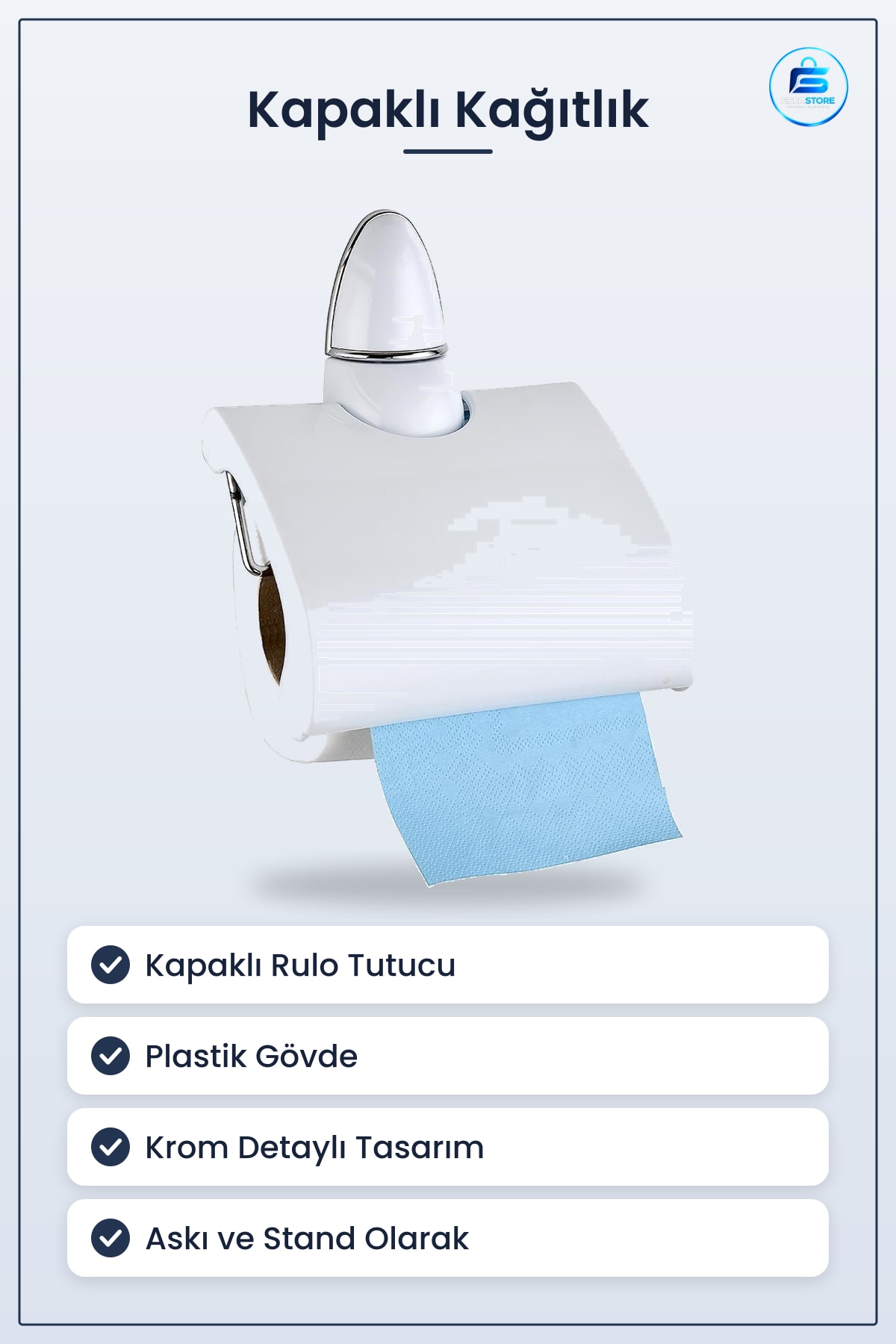 Kapaklı Rulo Tuvalet Kağıdı Tutucu Askisı Standı Wc Kağıtlık Plastik Beyaz Krom Banyo Aparatı