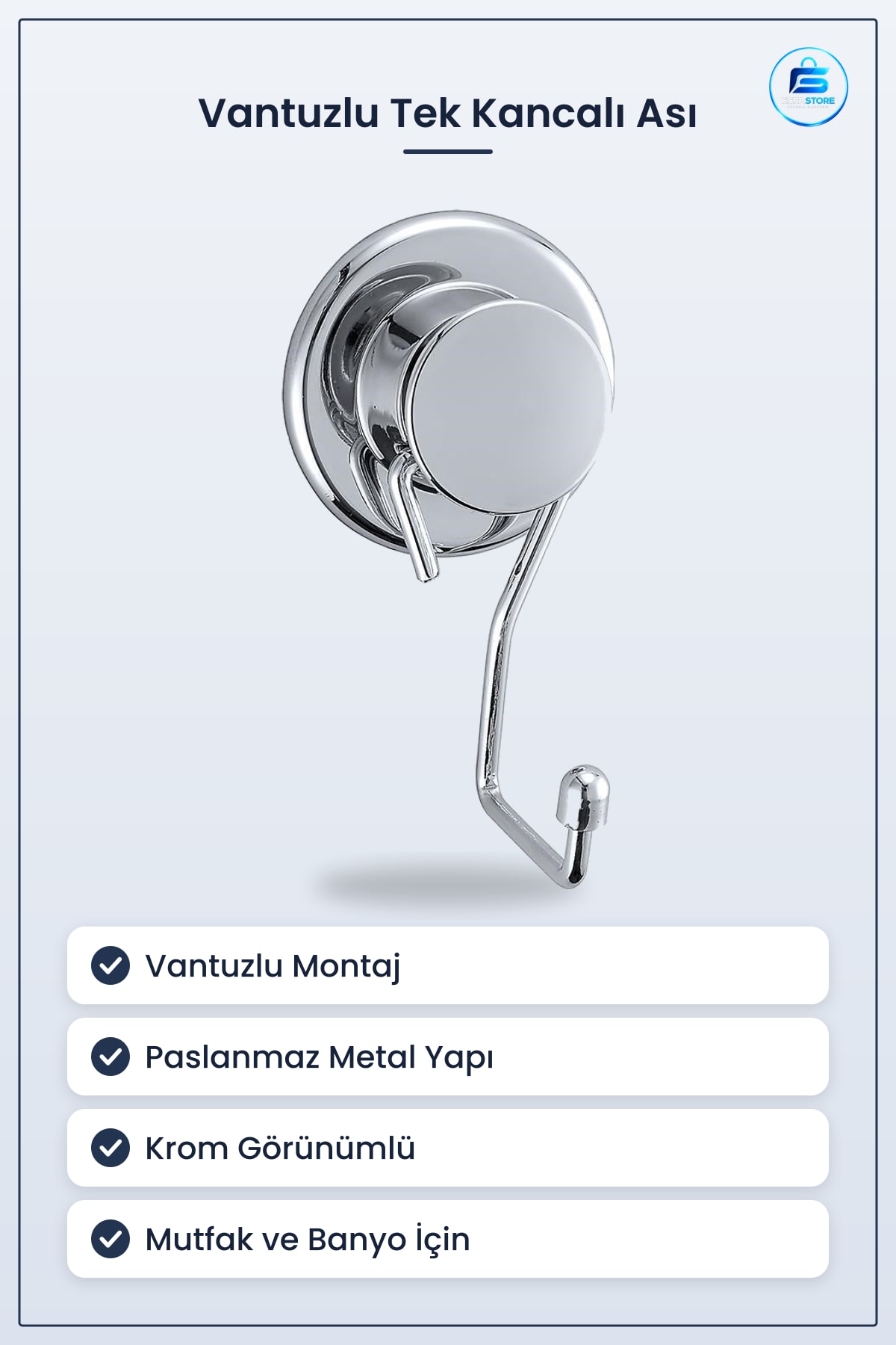 Tek Kancalı Vantuzlu Paslanmaz Metal Askılık Mutfak Banyo Duvar Yüzeyi Dekoratif Pratik Kullanışlı