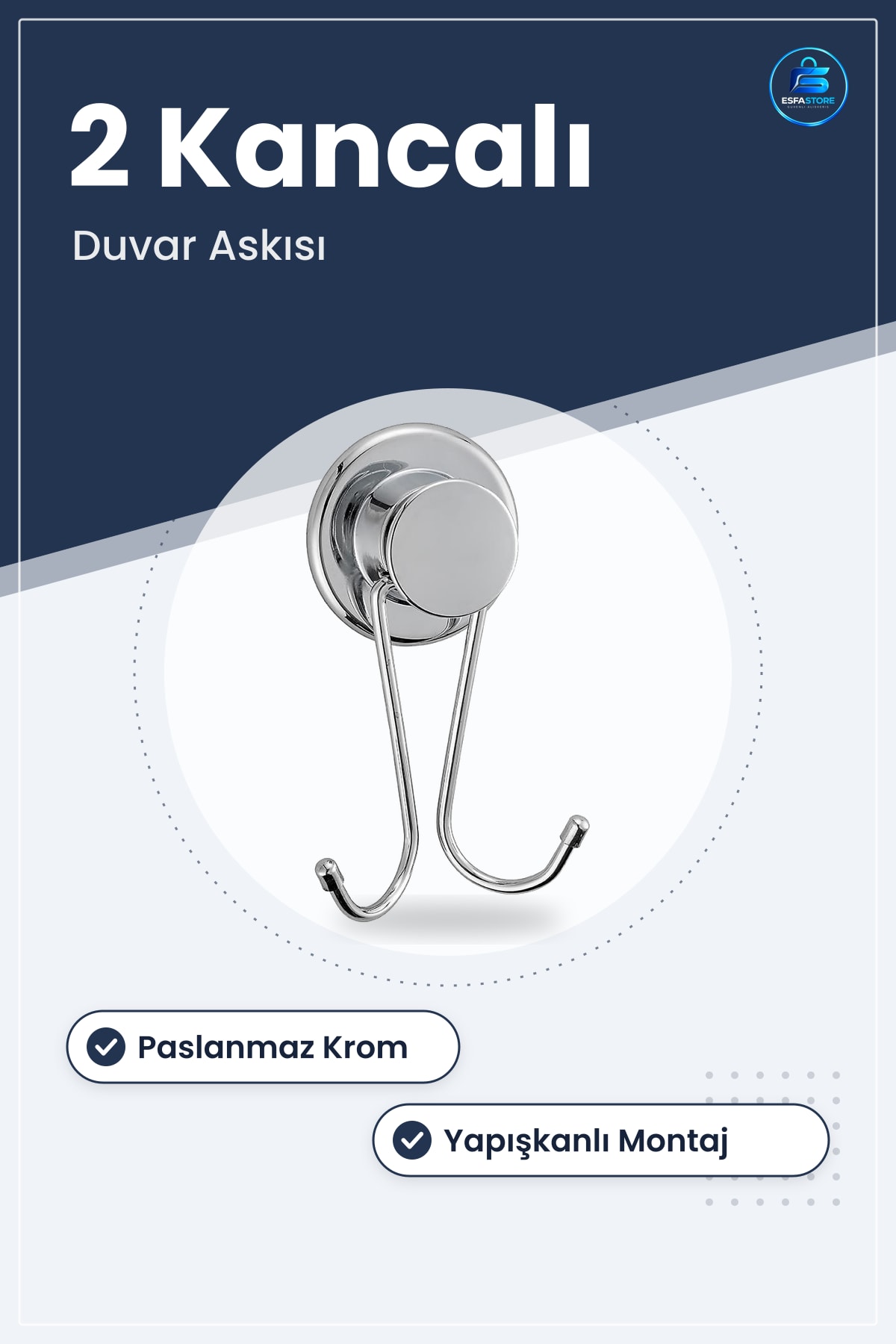 2 Kancalı Yapışkanlı Asklık Krom Duvar Askusı Mutfak Banyo Paslanmaz 0,57cm x 0,3cm 0,47cm