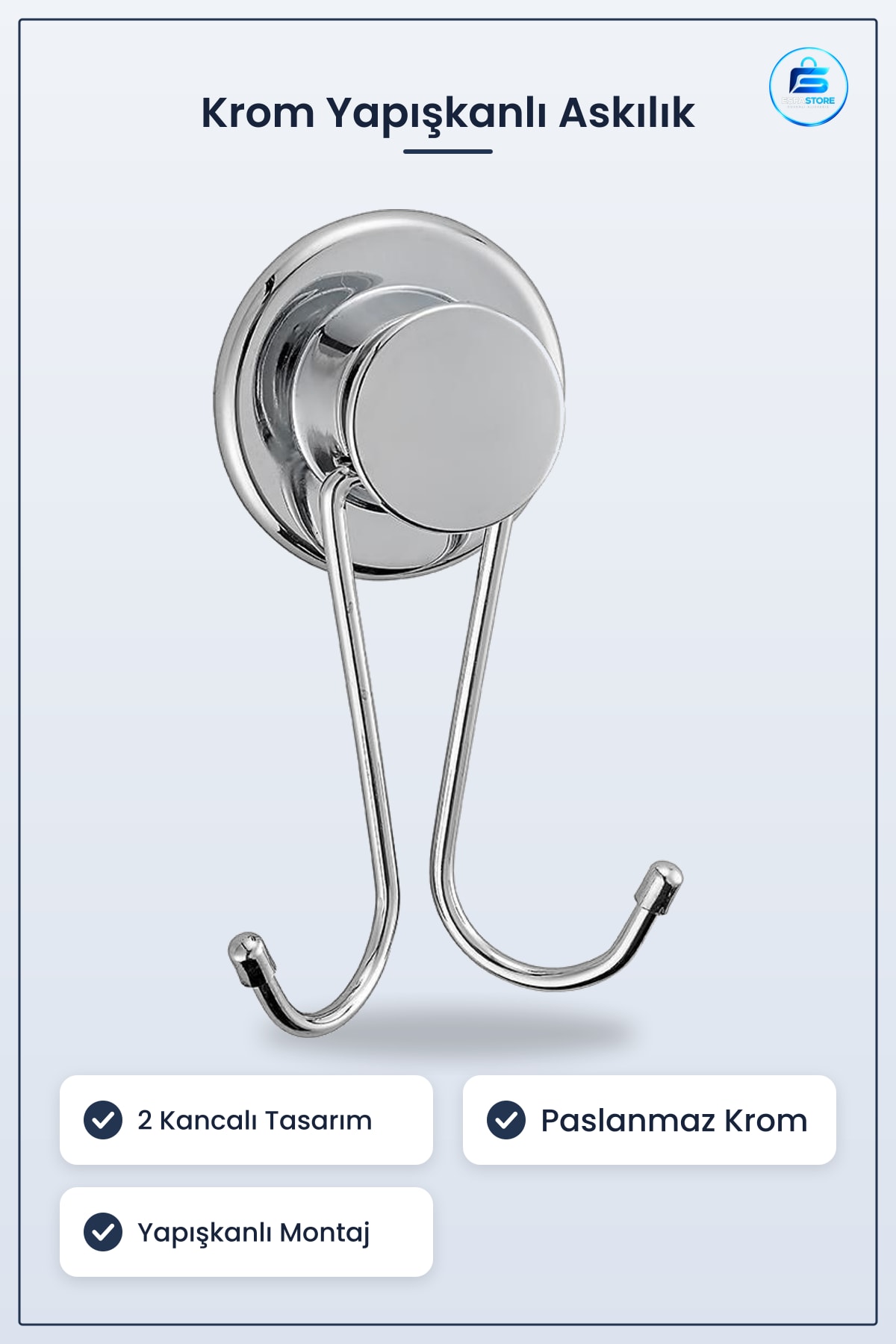 2 Kancalı Yapışkanlı Asklık Krom Duvar Askusı Mutfak Banyo Paslanmaz 0,57cm x 0,3cm 0,47cm