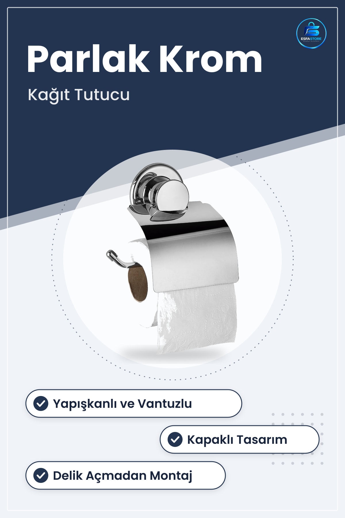 Yapışkanlı Metal Kapaklı Tuvalet Kağıtlık Vantuzlu Parlak Krom Banyo Duvar Aksesuarı Kağıt Tutucu