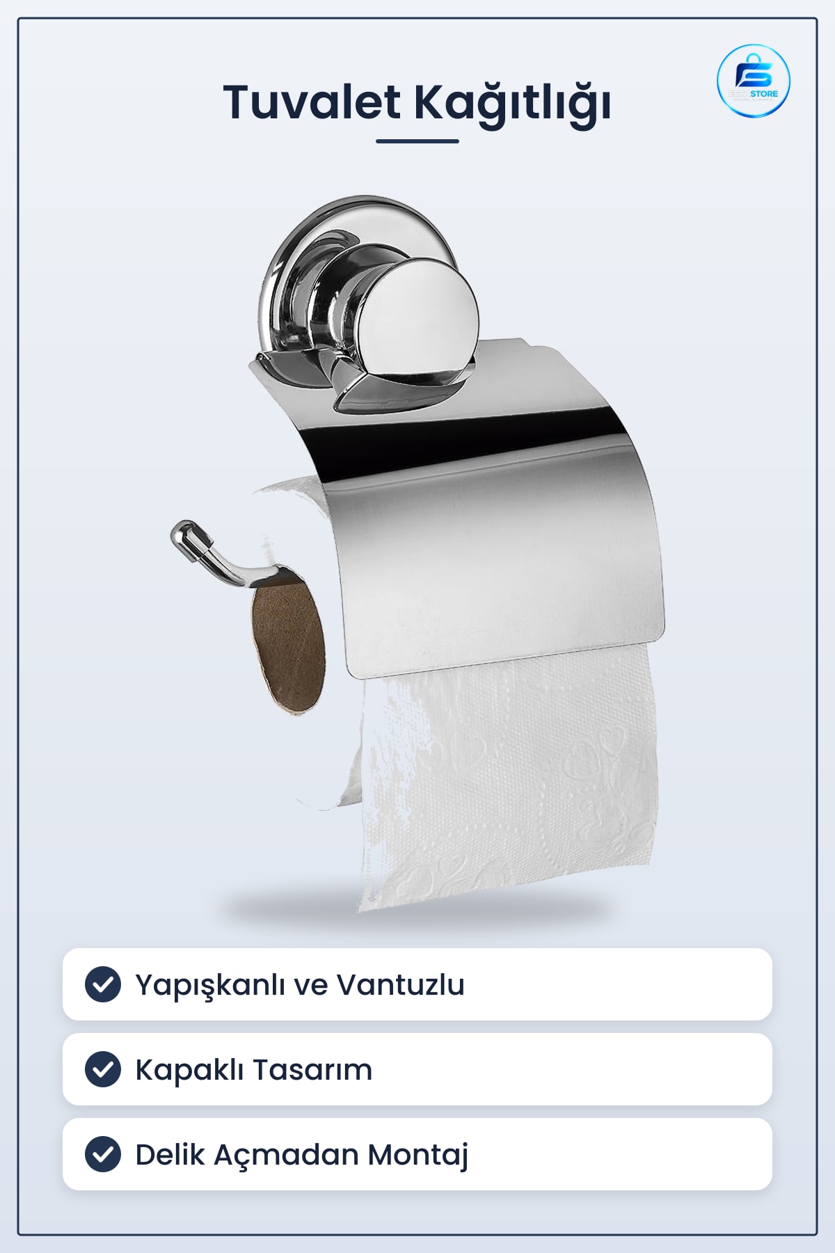 Yapışkanlı Metal Kapaklı Tuvalet Kağıtlık Vantuzlu Parlak Krom Banyo Duvar Aksesuarı Kağıt Tutucu