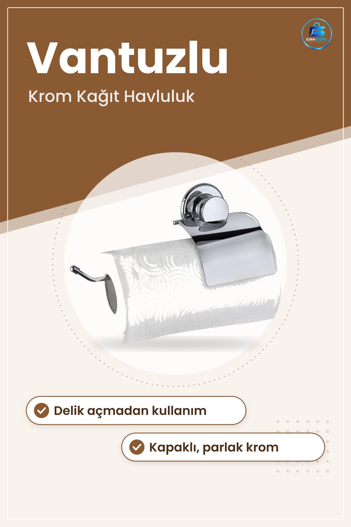 Kağıt Havluluk Rulo Tutacağı Askısı Vantuzlu Yapışkanlı Kapaklı Krom Mutfak Banyo Duvar Aksesuarı