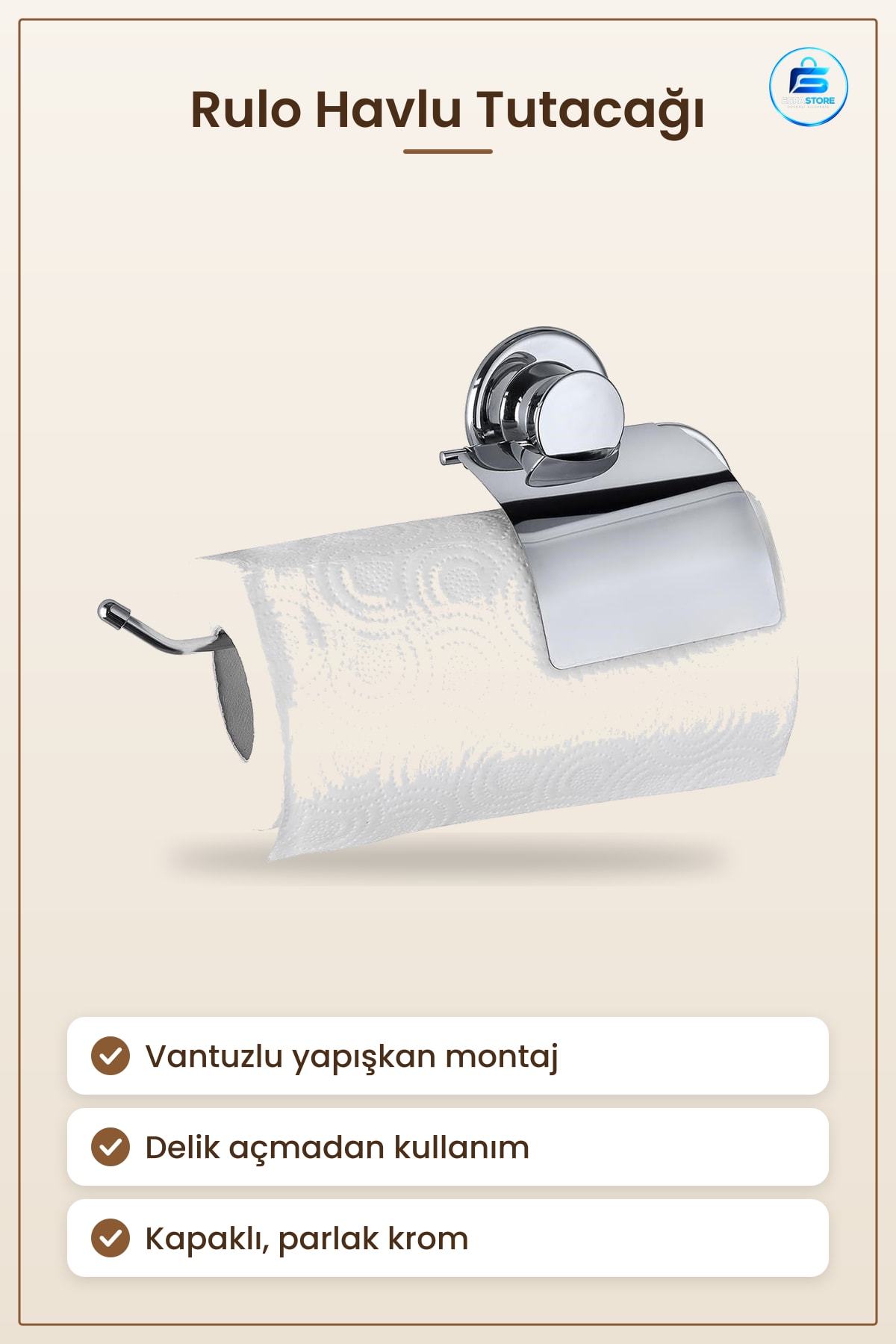 Kağıt Havluluk Rulo Tutacağı Askısı Vantuzlu Yapışkanlı Kapaklı Krom Mutfak Banyo Duvar Aksesuarı