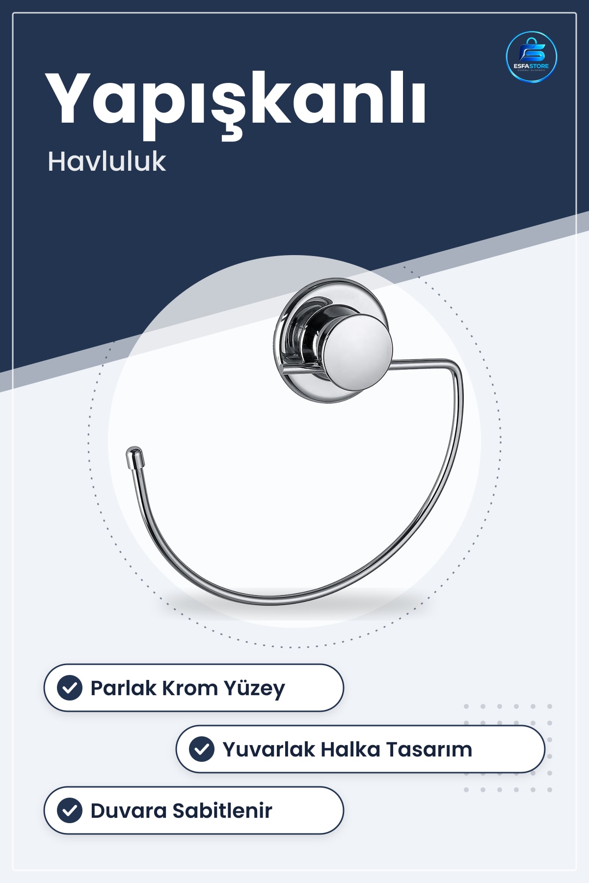 Yapışkanlı Havluluk G Tip Yuvarlak Krom Parlak Banyo Duvar Aksesuarı Halka 0,57x0,3x0,47 cm