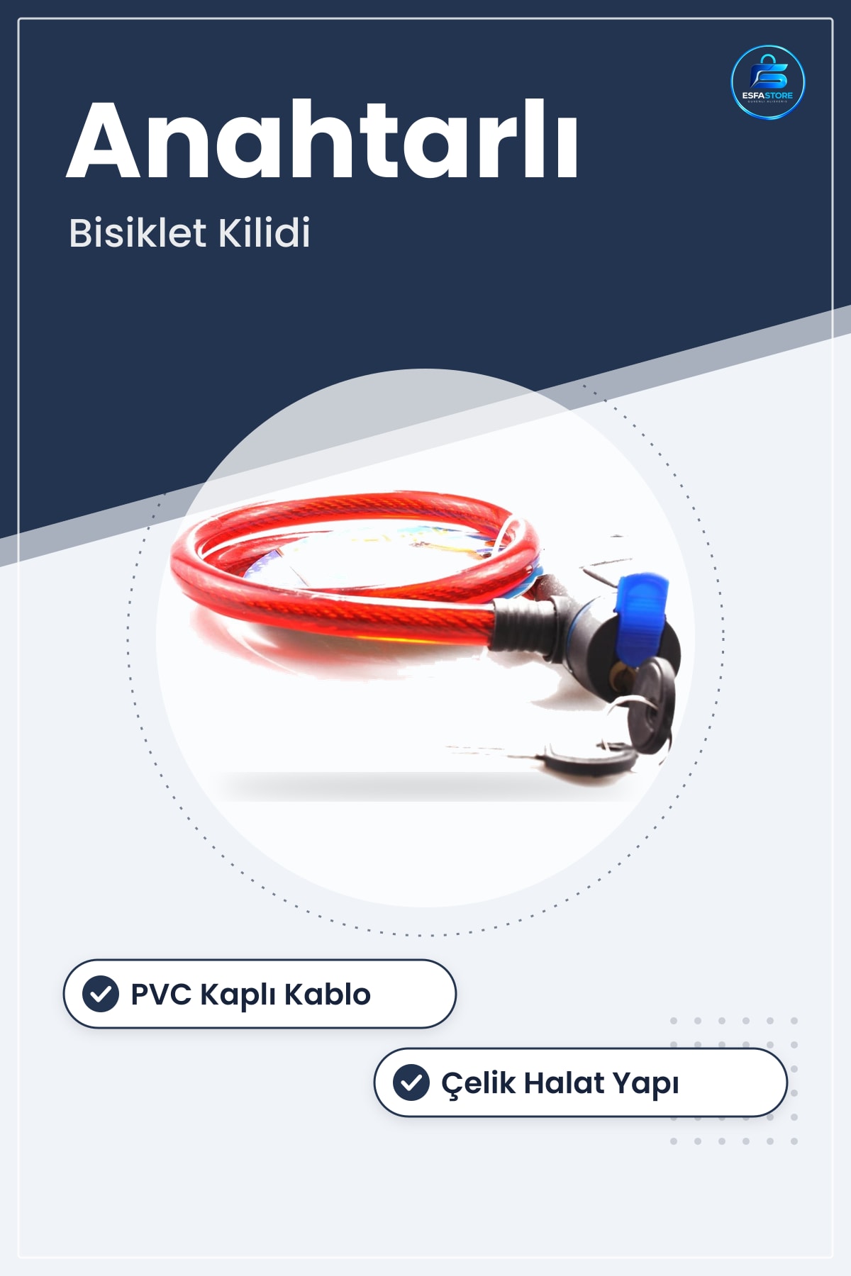 Kırmızı Kablo Halat Bisiklet Kilidi 1,5x70 cm PVC Kaplamalı Anahtarlı Çelik Bağlama Aparatı