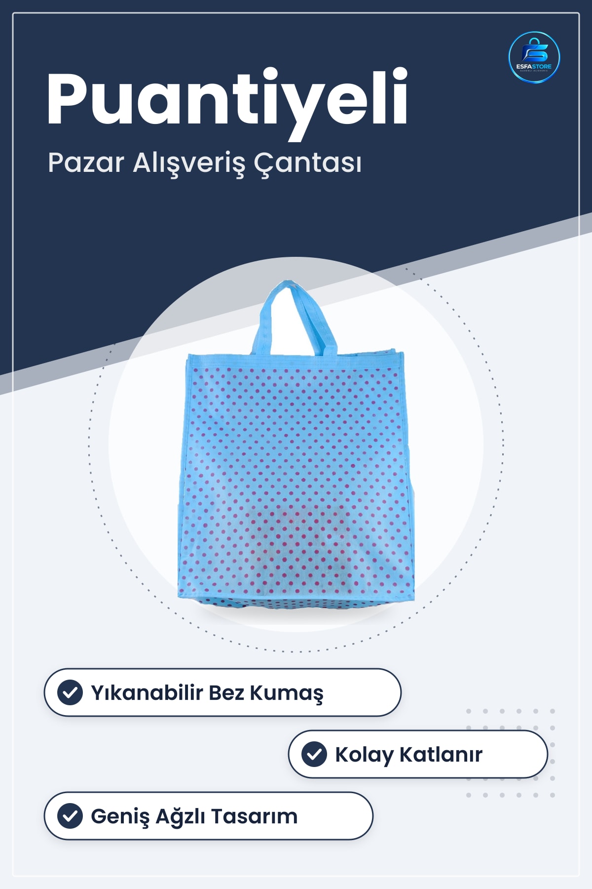 Puantiyeli Pazar Market Alışveriş Taşıma Bez Çantası Yeniden Kullanılabilir Uzun Ömürlü Yıkanabilir