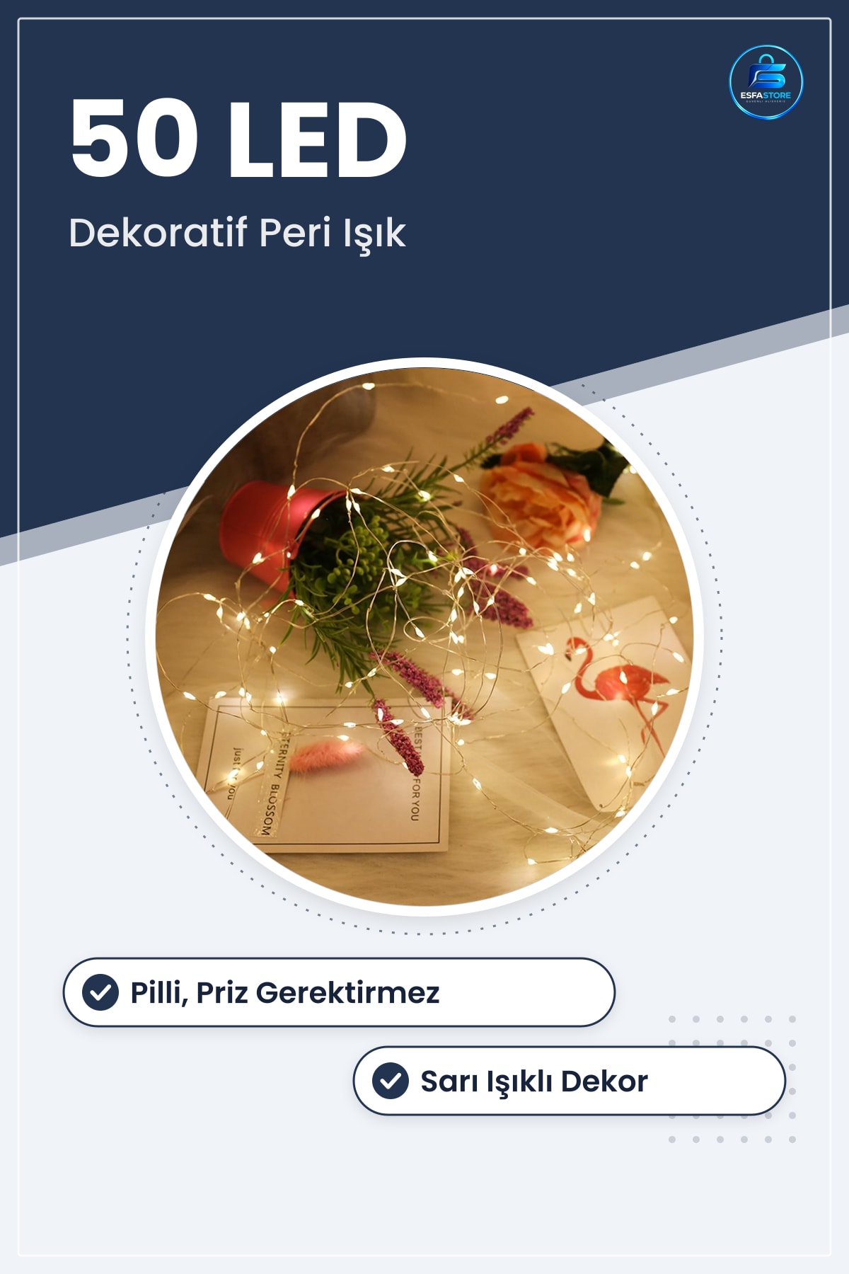 Peri Işık 5 Metre Sarı Pilli 50 LED Şerit Saçak Dekoratif Bahçe Salon Aydınlatma Süsleme