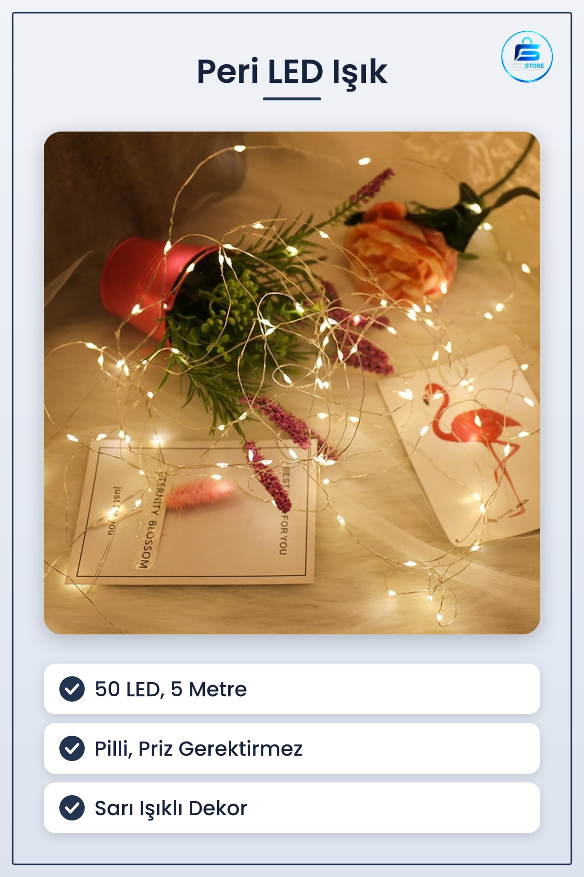 Peri Işık 5 Metre Sarı Pilli 50 LED Şerit Saçak Dekoratif Bahçe Salon Aydınlatma Süsleme