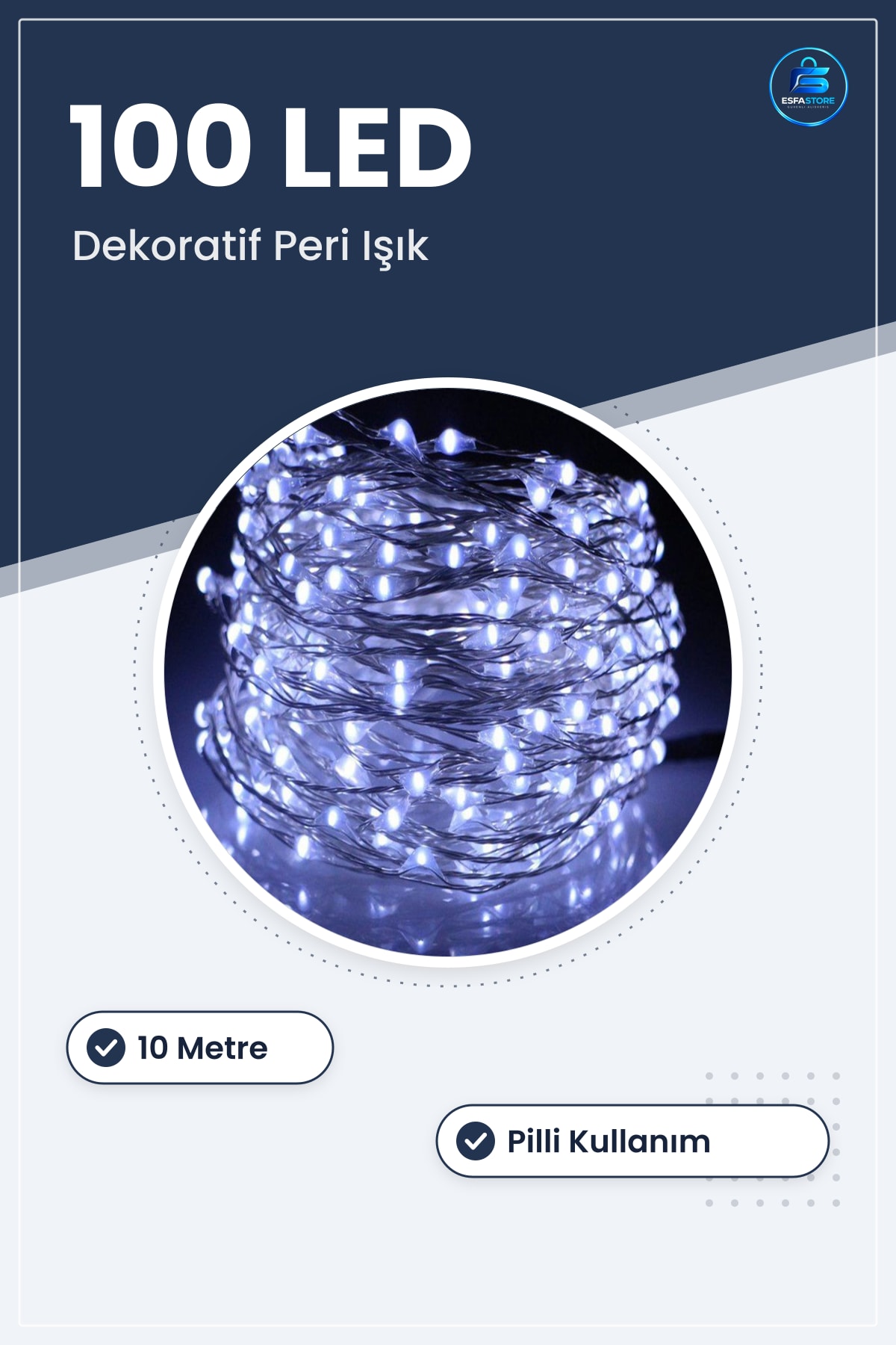 Pilli Dekoratif Peri Led Işık 10 Metre 100 Beyaz Parti Aydınlatma Gün Işığı Spot Dekor