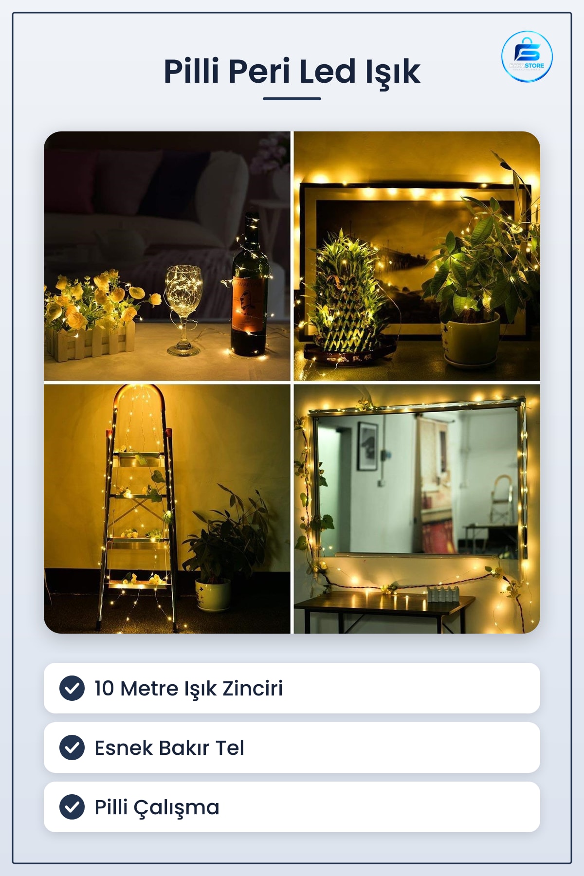 Pilli Peri Led Işık Aydınlatma Şerit Saçak Spot Süsleme Dekoratif Ev Dayanıklı Hediyelik Pratik