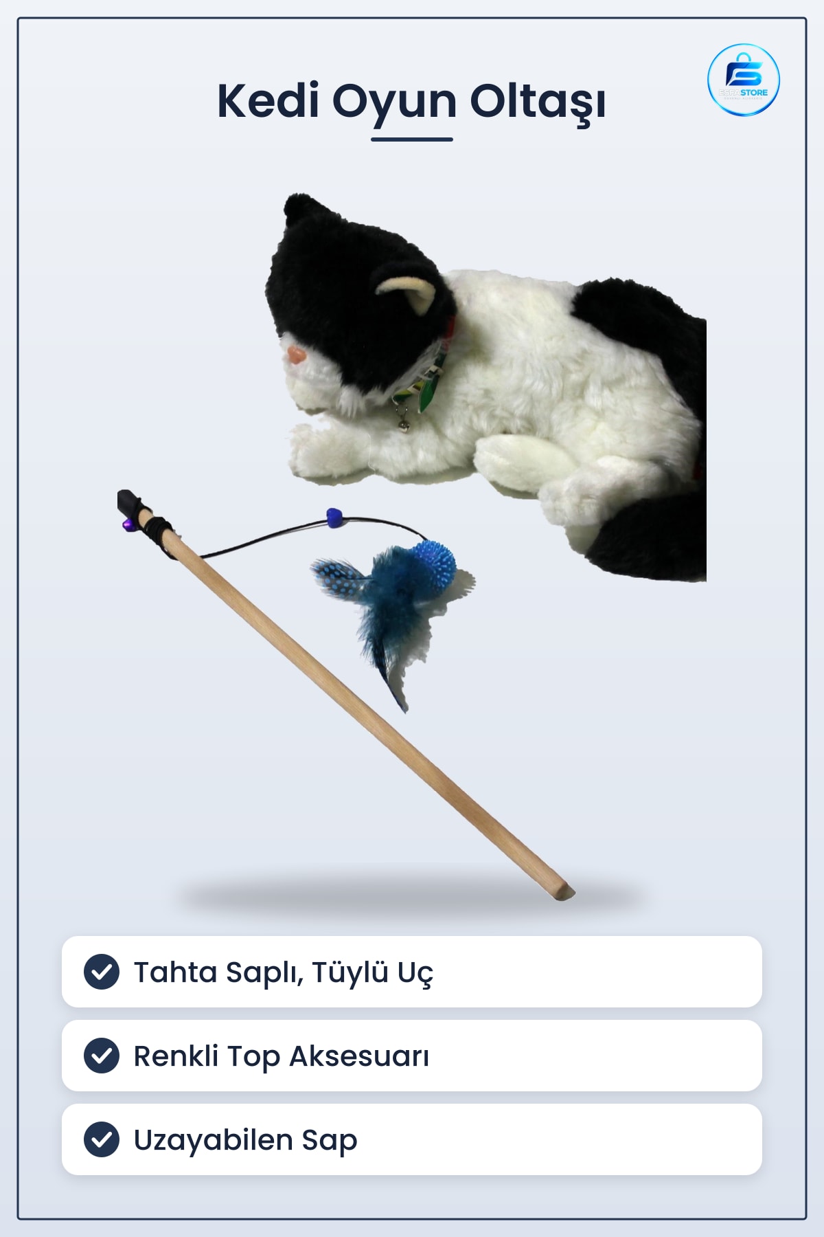 Kedi Oyun Oltası Peluş Oyuncaklı Tahta Saplı Uzayabilen Tüylü Top Yakalama Eğlenceli Pratik