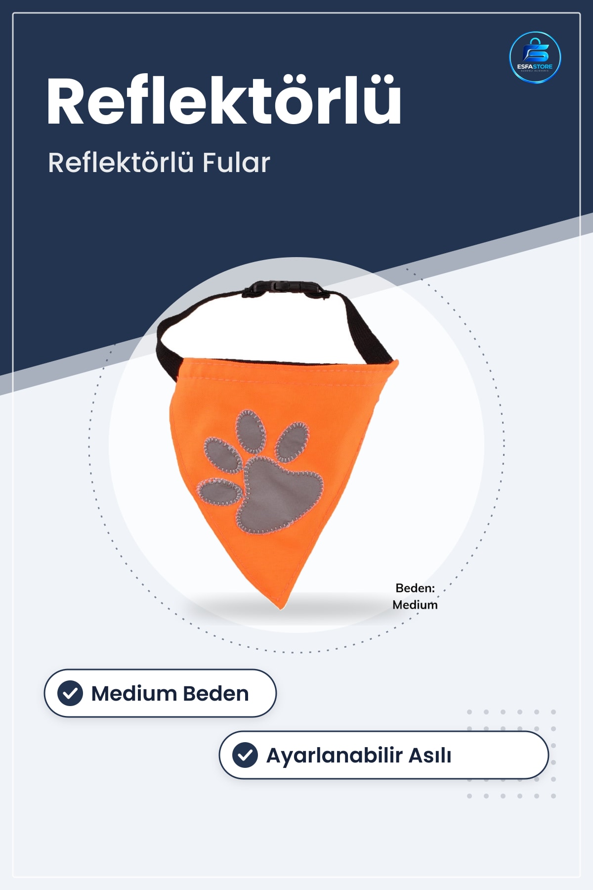 Kedi Köpek Fuları Medium Reflektörlü Gece Görüşlü Fosforlu Kumaşlı Turuncu Ayarlanabilir