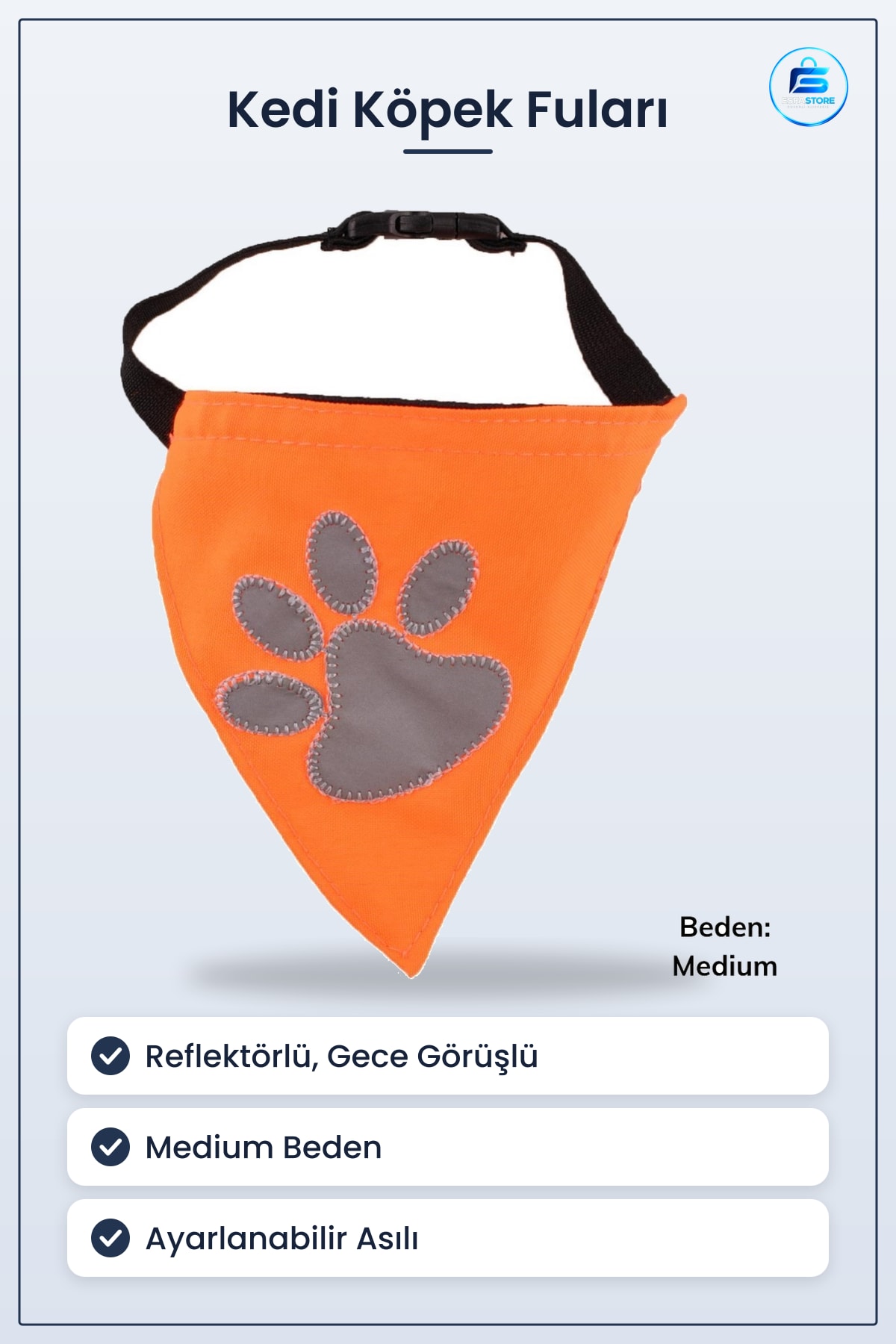 Kedi Köpek Fuları Medium Reflektörlü Gece Görüşlü Fosforlu Kumaşlı Turuncu Ayarlanabilir