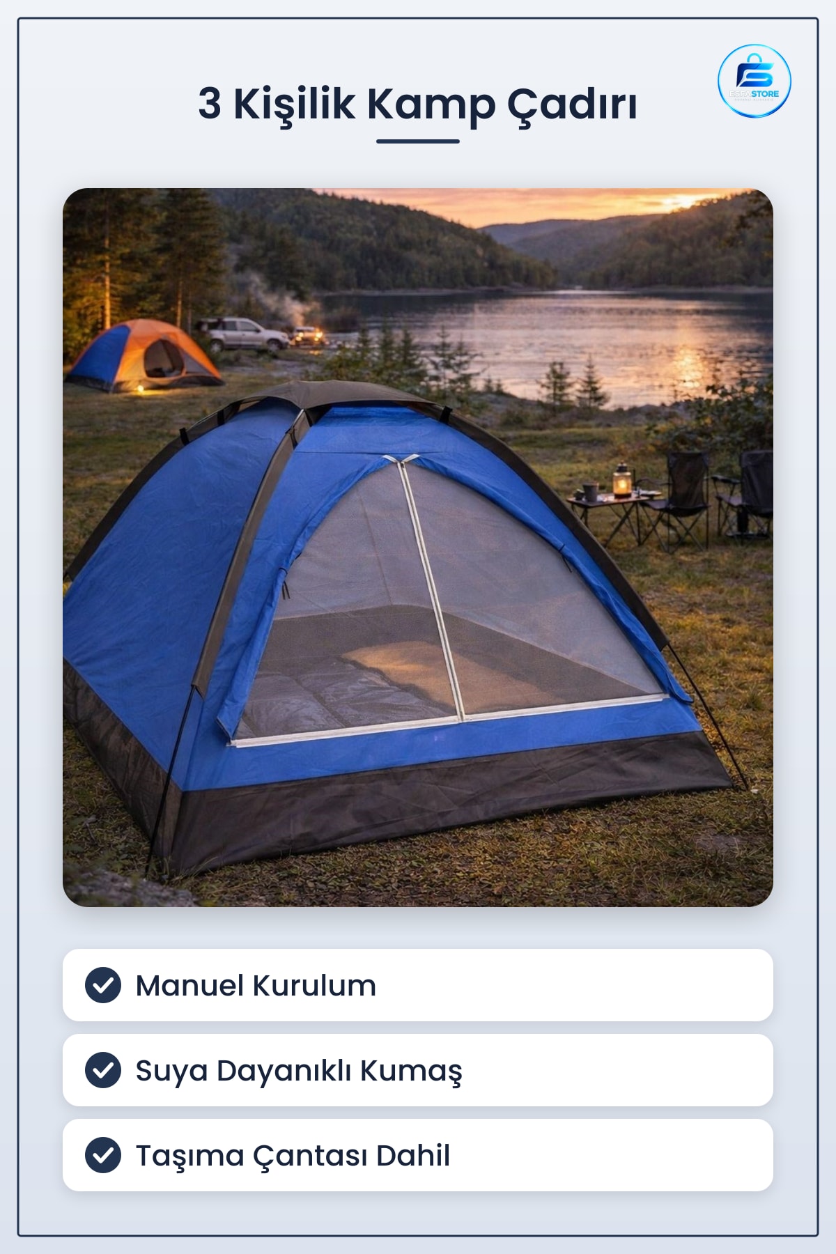 Manuel Kurulumlu Düz Kapılı Aile Tipi Kamp Çadırı Outdoor Doğa ve Piknik Kullanımına Uygun