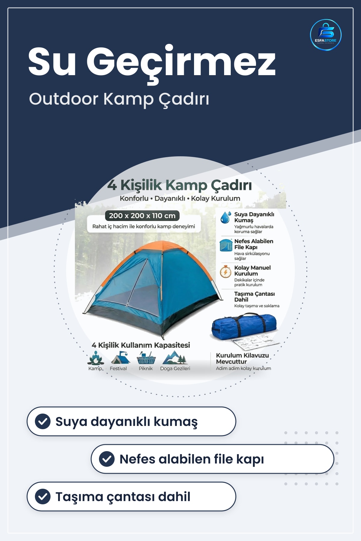 Manuel Kurulumlu Düz Kapılı Dayanıklı Kamp Çadırı Outdoor Doğa Piknik Festival Kullanımına Uygun