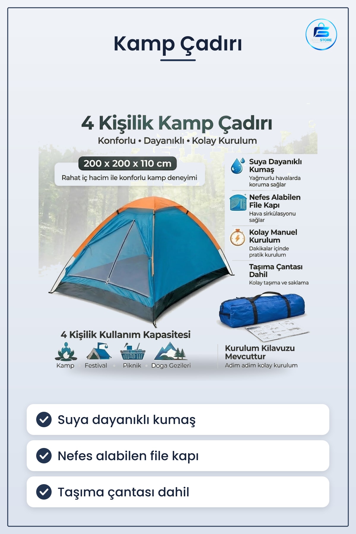 Manuel Kurulumlu Düz Kapılı Dayanıklı Kamp Çadırı Outdoor Doğa Piknik Festival Kullanımına Uygun