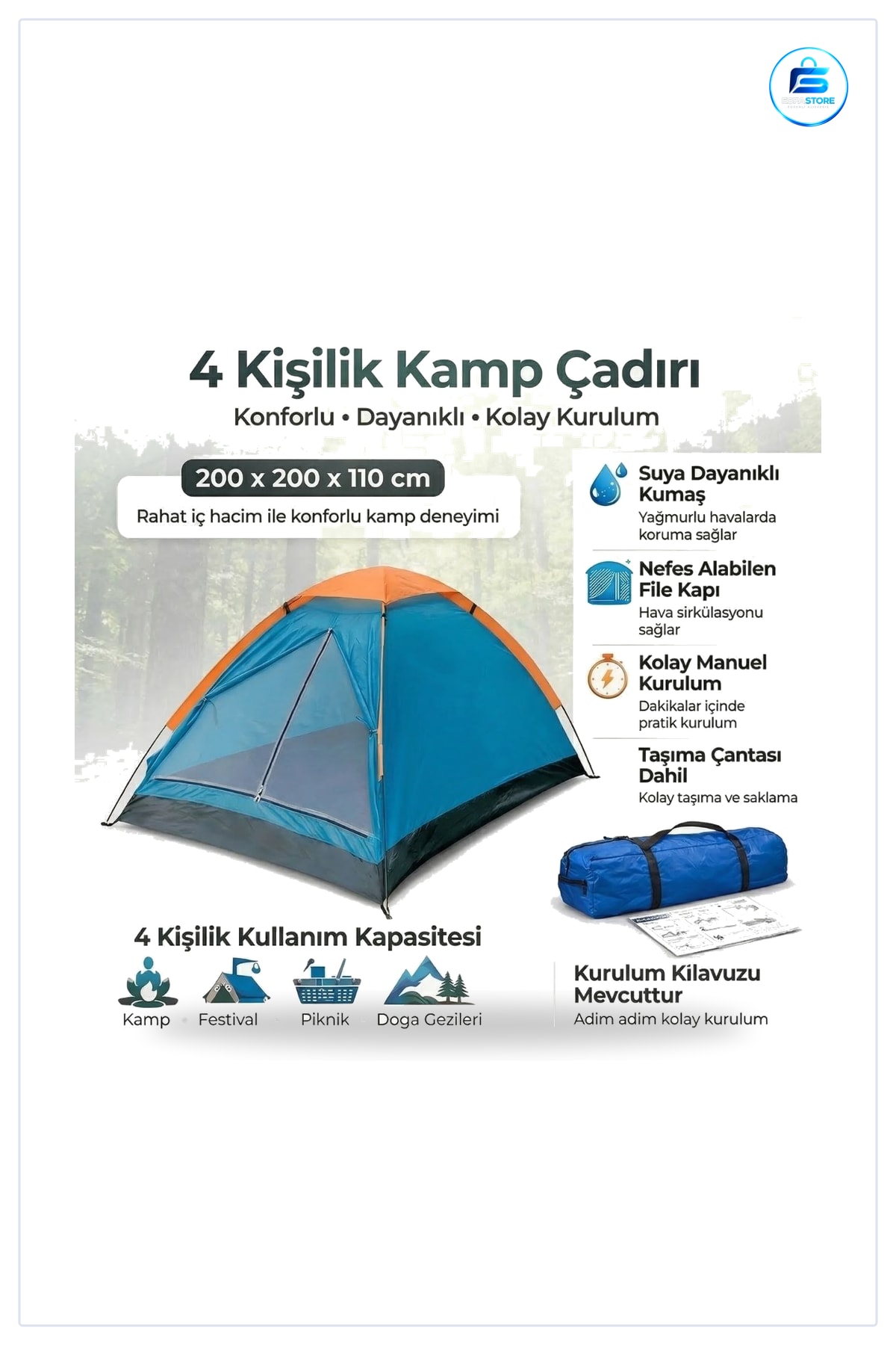Manuel Kurulumlu Düz Kapılı Dayanıklı Kamp Çadırı Outdoor Doğa Piknik Festival Kullanımına Uygun