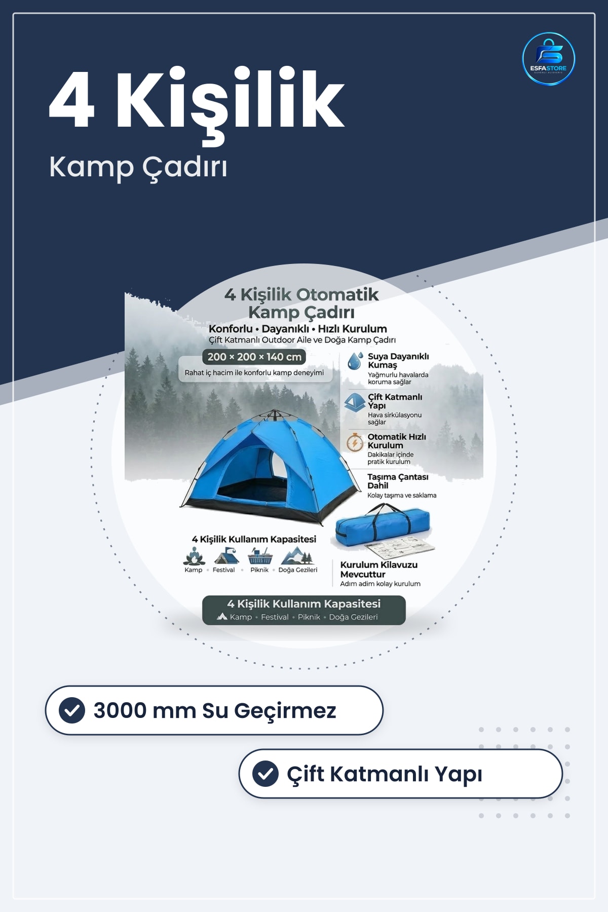 Otomatik Kamp Çadırı Çift Katmanlı Suya Dayanıklı Hızlı Kurulumlu Outdoor Aile Doğa Pratik