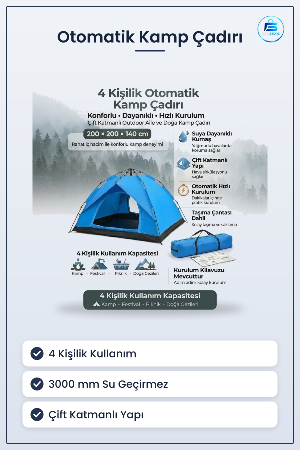 Otomatik Kamp Çadırı Çift Katmanlı Suya Dayanıklı Hızlı Kurulumlu Outdoor Aile Doğa Pratik