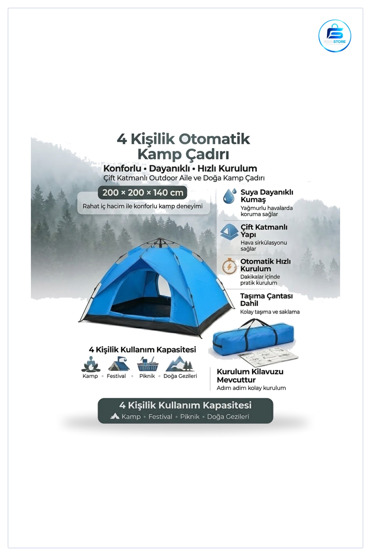 Otomatik Kamp Çadırı Çift Katmanlı Suya Dayanıklı Hızlı Kurulumlu Outdoor Aile Doğa Pratik