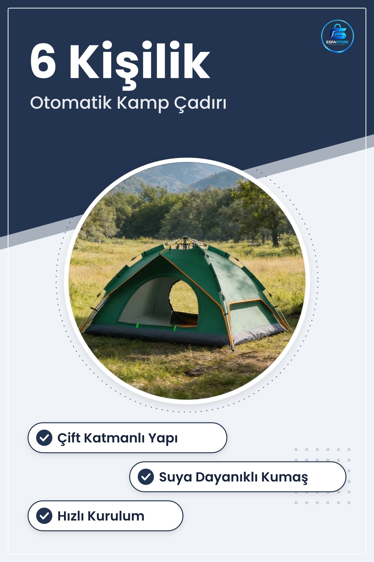 Otomatik Kamp Çadırı Çift Katmanlı Suya Dayanıklı Hızlı Kurulum Aile ve Doğa Kampı Pratik Taşıma