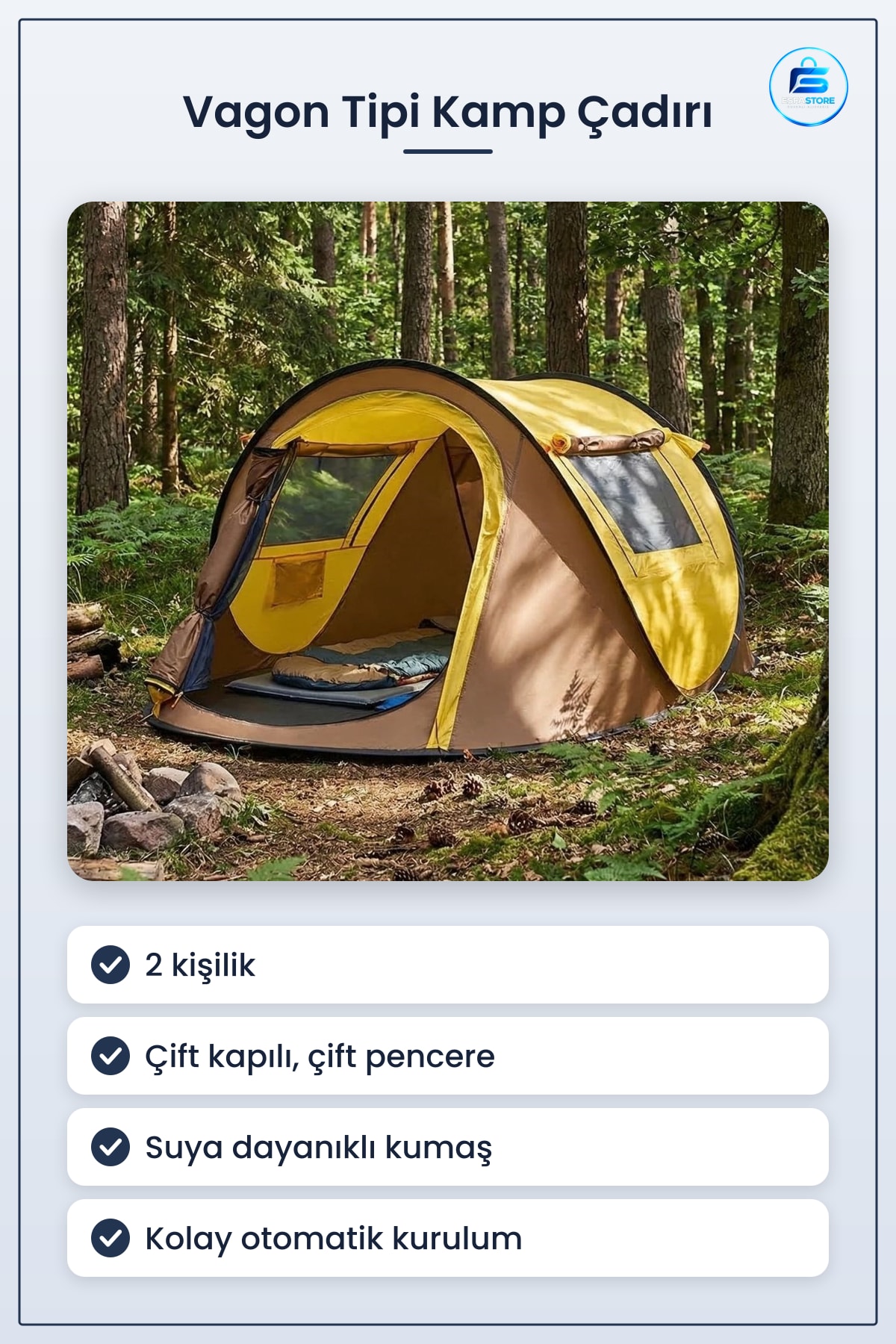 Vagon Tipi Yarı Otomatik Kamp Çadırı Çift Kapılı Pencereli Hafif Taşınabilir Outdoor Doğa