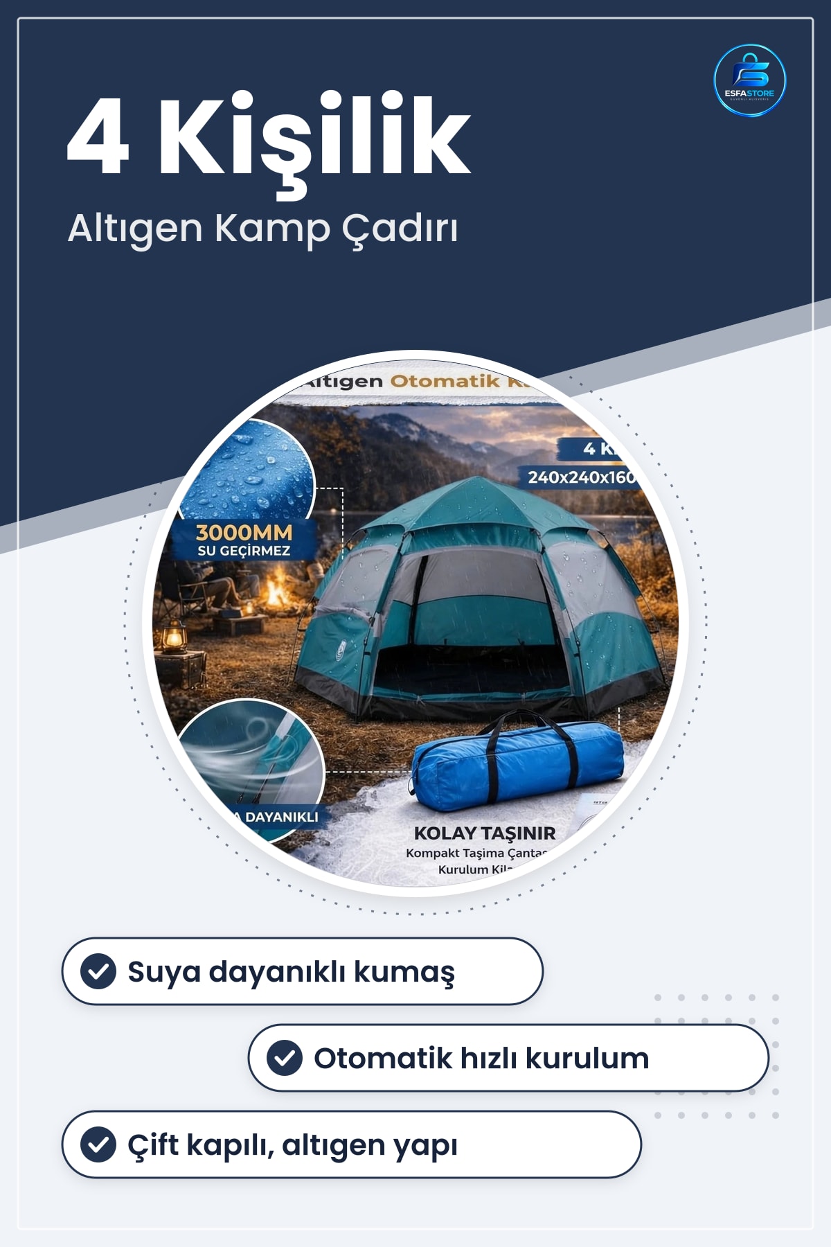 Altıgen Tasarımlı Otomatik Kamp Çadırı Çift Kapılı Suya Dayanıklı Hızlı Kurulumlu Geniş Outdoor