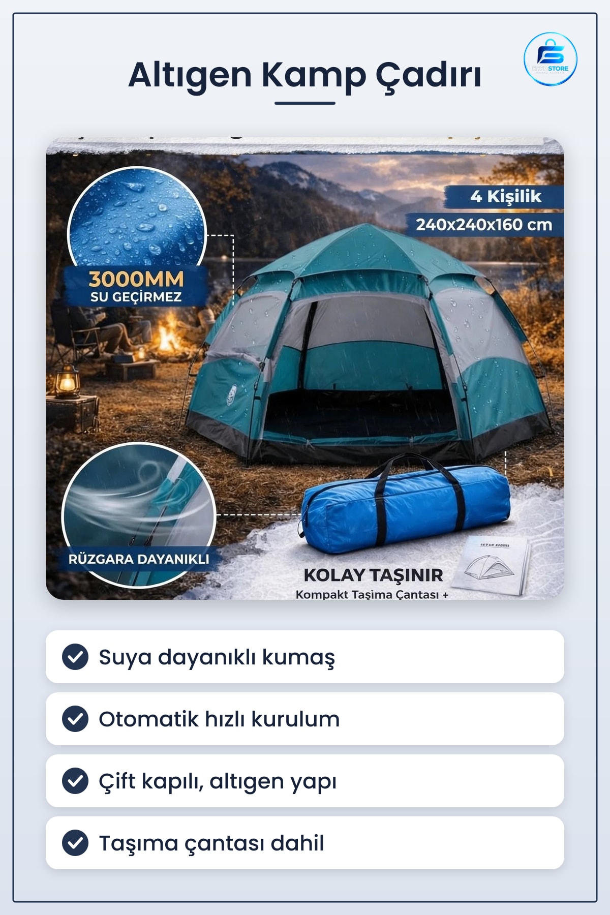 Altıgen Tasarımlı Otomatik Kamp Çadırı Çift Kapılı Suya Dayanıklı Hızlı Kurulumlu Geniş Outdoor