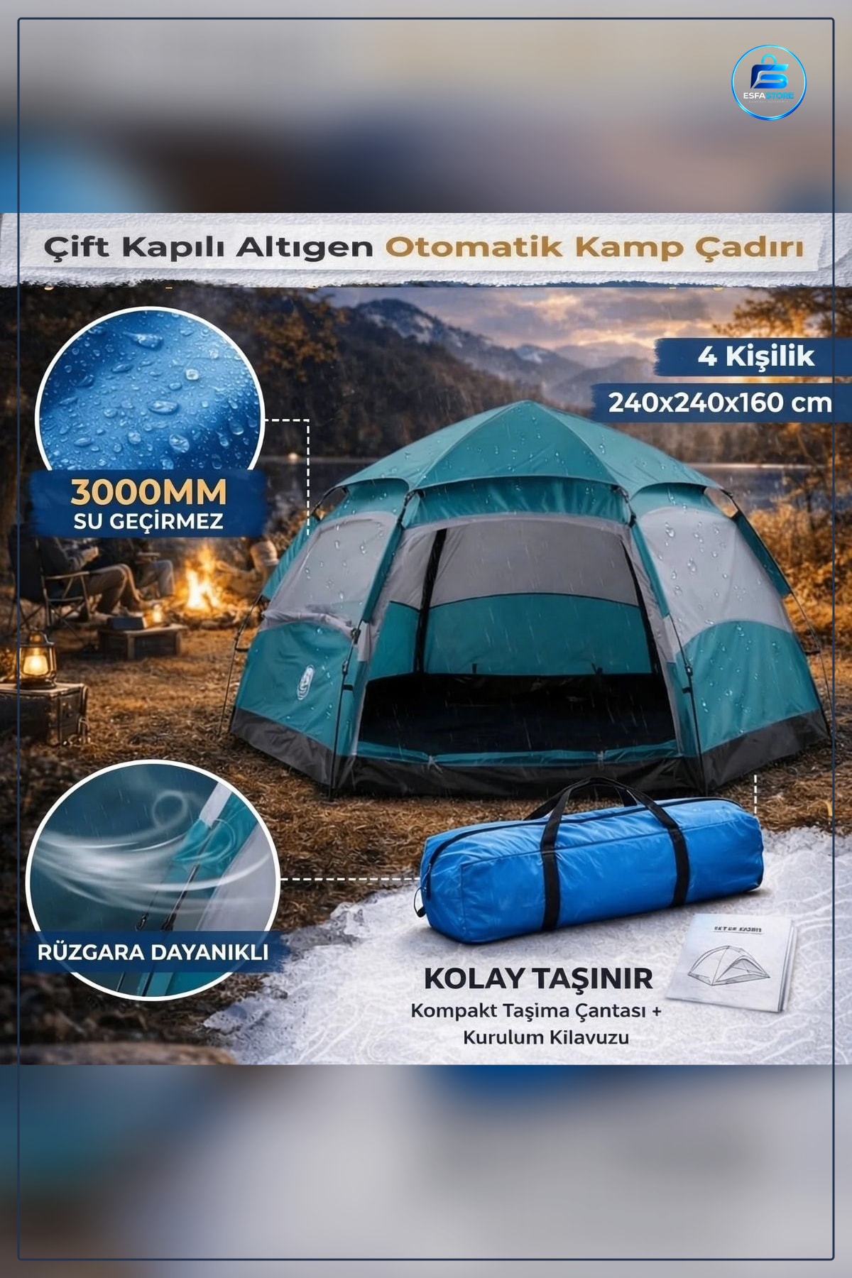 Altıgen Tasarımlı Otomatik Kamp Çadırı Çift Kapılı Suya Dayanıklı Hızlı Kurulumlu Geniş Outdoor