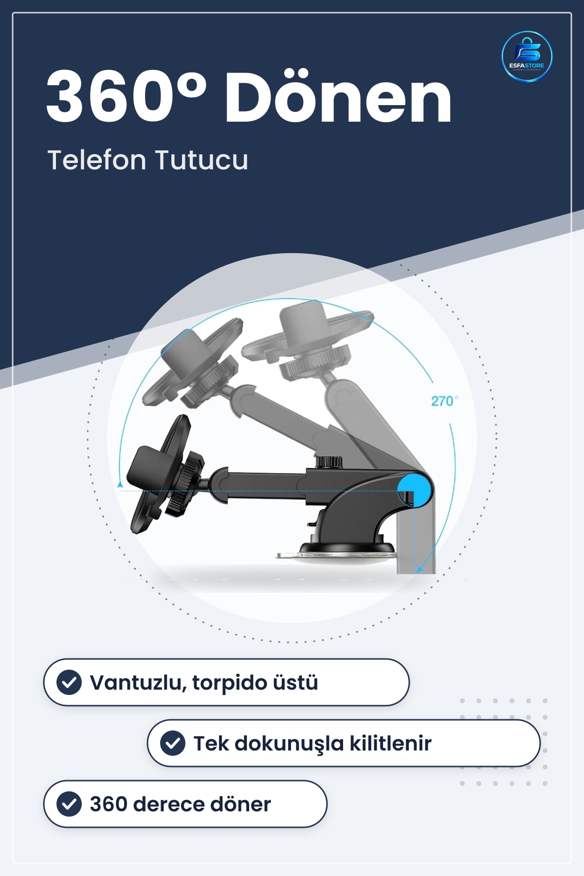 Araç Telefon Tutucu Torpido Üstü Vantuzlu Teleskopik Dönebilen Tek Dokunuş Kilitleme Dayanıklı