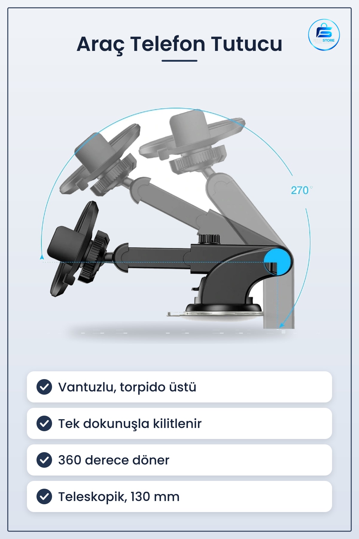 Araç Telefon Tutucu Torpido Üstü Vantuzlu Teleskopik Dönebilen Tek Dokunuş Kilitleme Dayanıklı