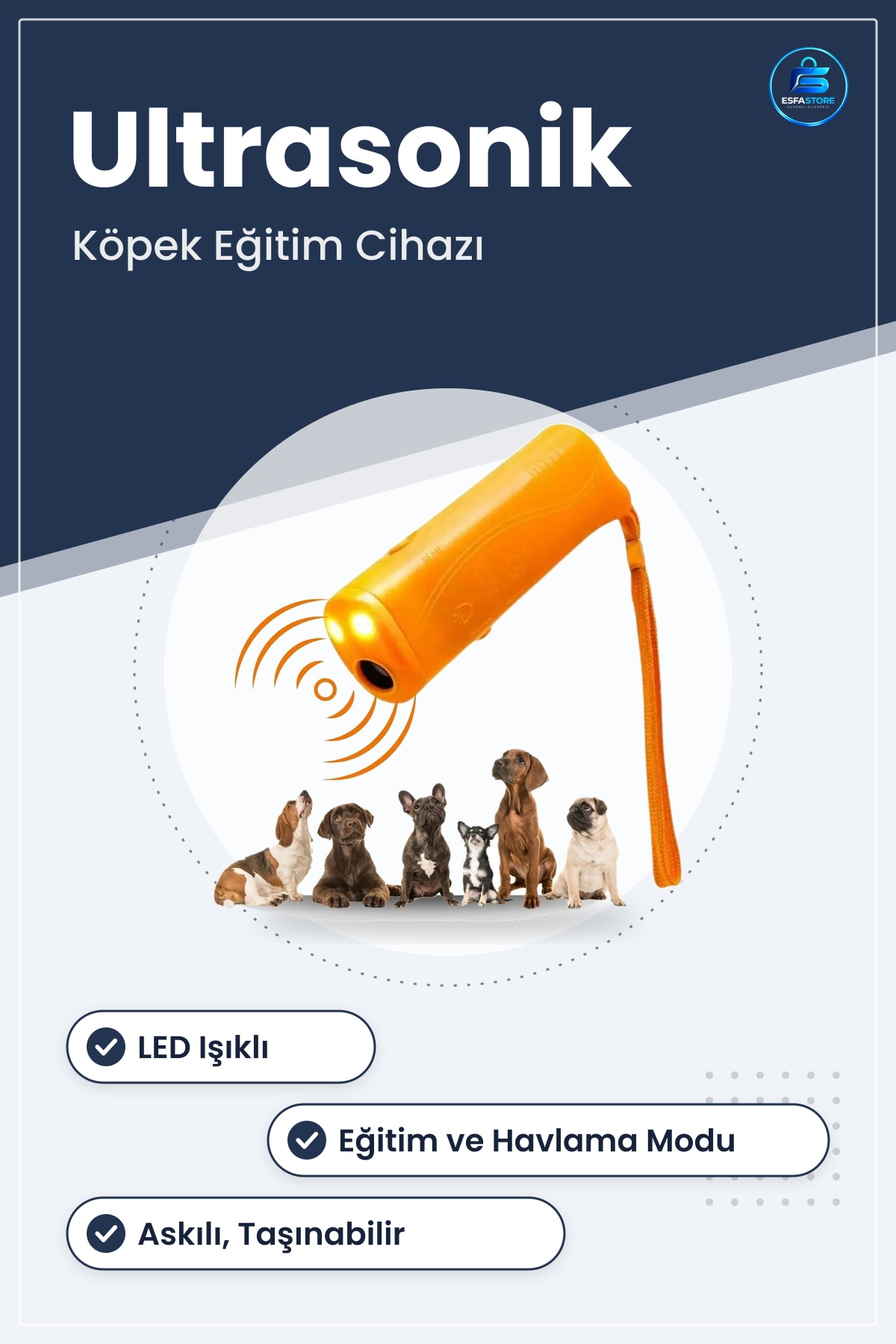 Ultrasonik Köpek Kornası Eğitim Cihazı El Tipi Askılı LED Işıklı Ses Kovucu Taşınabilir
