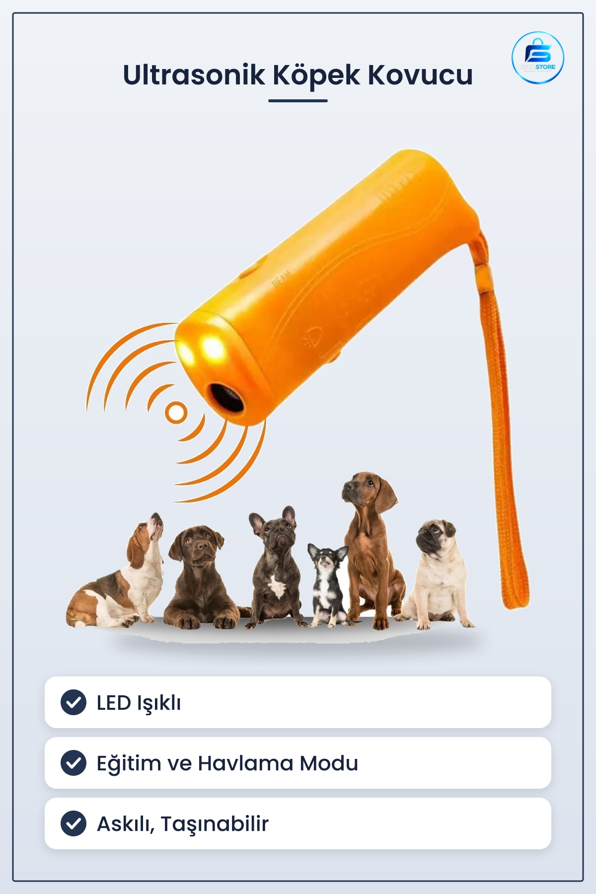 Ultrasonik Köpek Kornası Eğitim Cihazı El Tipi Askılı LED Işıklı Ses Kovucu Taşınabilir