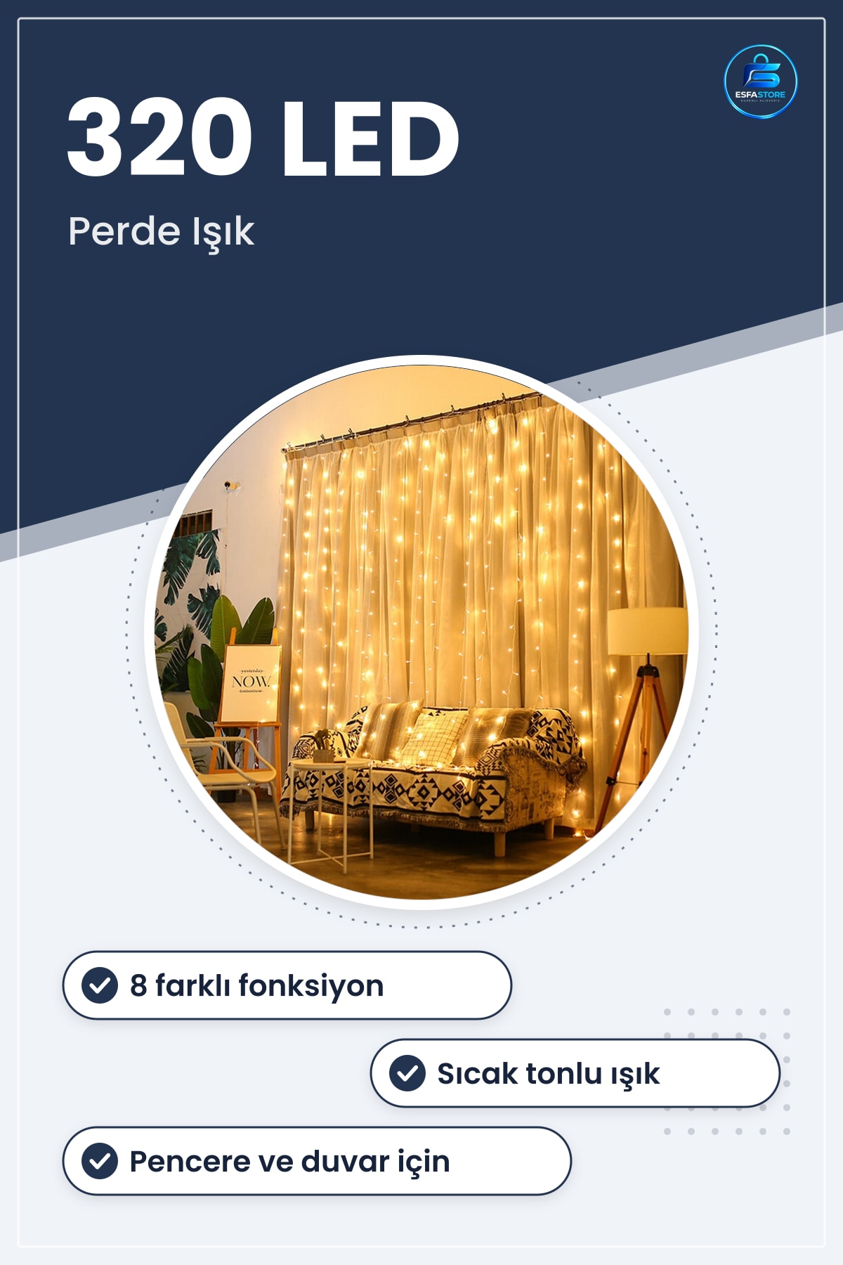 Dekoratif Günışığı Perde Işık 2x2 Metre 320 LED 8 Fonksiyonlu Saçak Aydınlatma Pencere