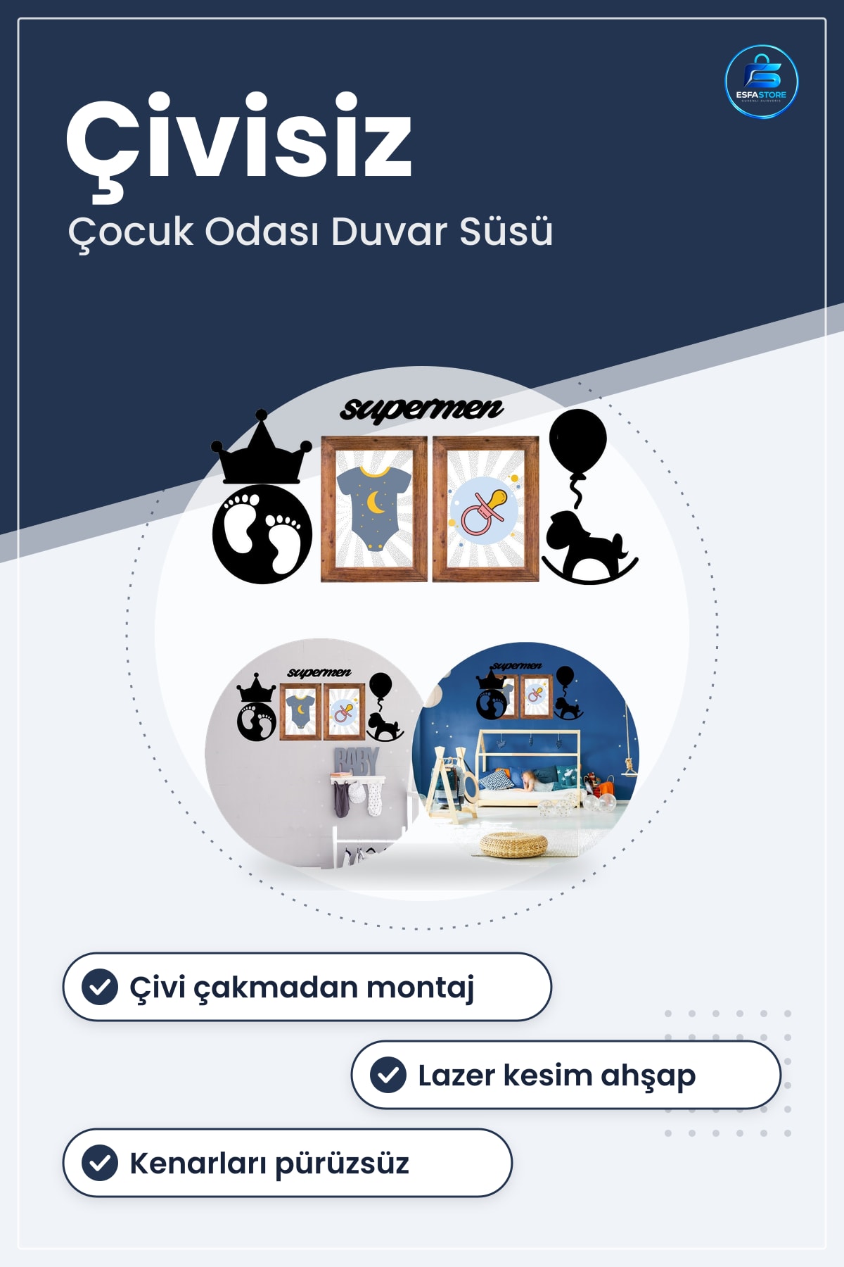 Ahşap Supermen Dekoratif Duvar Süsü Seti Lazer Kesim Çocuk Odası Pano Hediyelik Tablo