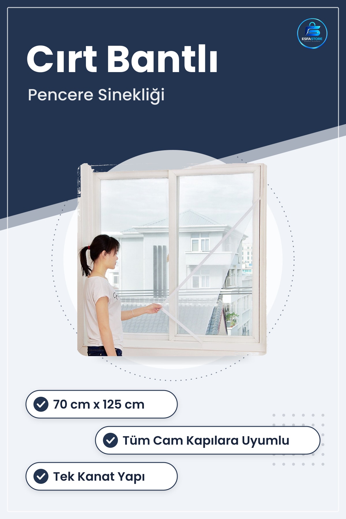 Pencere Sinekliği Tek Kanat Tüm Cam Kapılara Uyumlu Cırt Bıntlı Yapışkanlı 70cm x 125 cm