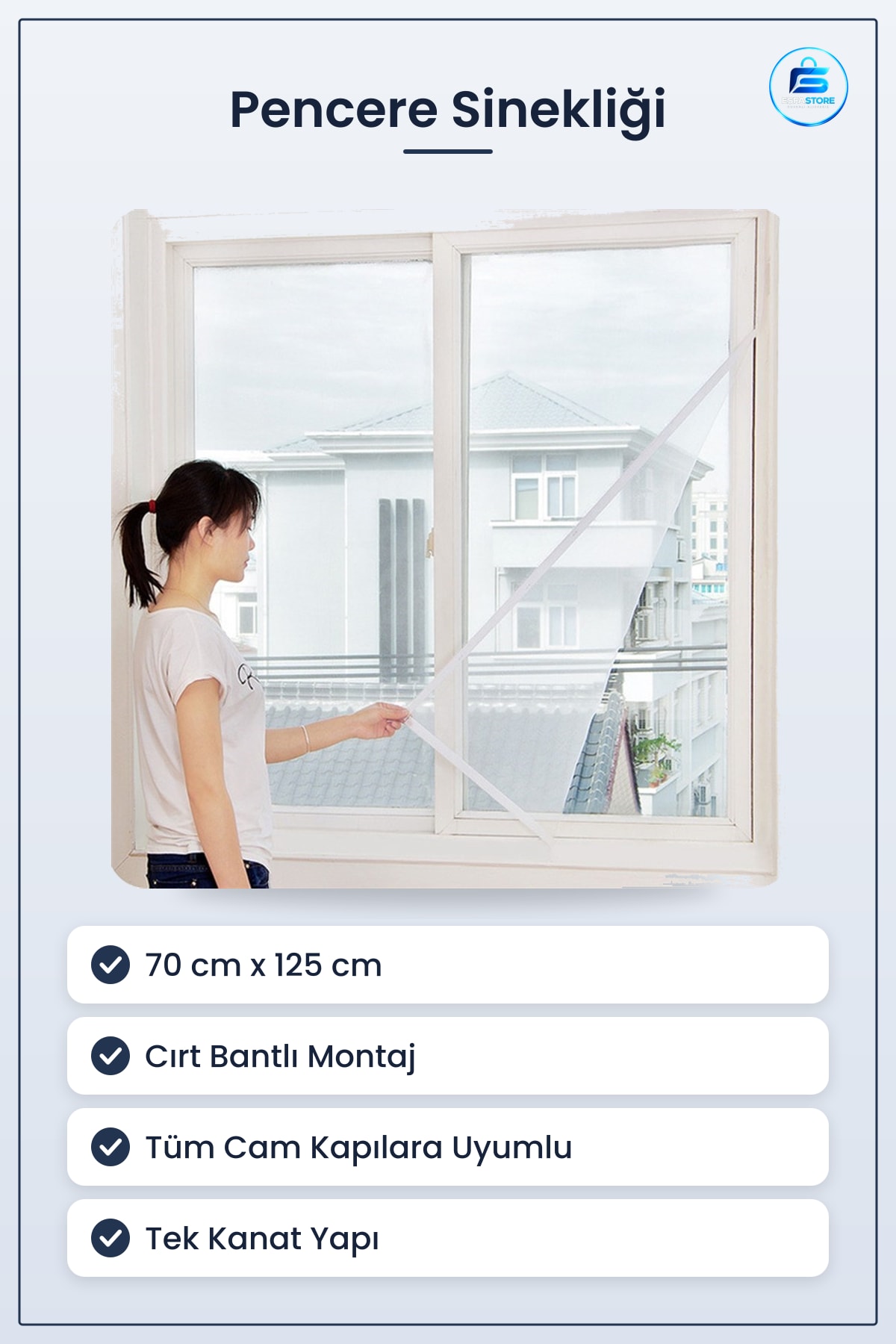 Pencere Sinekliği Tek Kanat Tüm Cam Kapılara Uyumlu Cırt Bıntlı Yapışkanlı 70cm x 125 cm